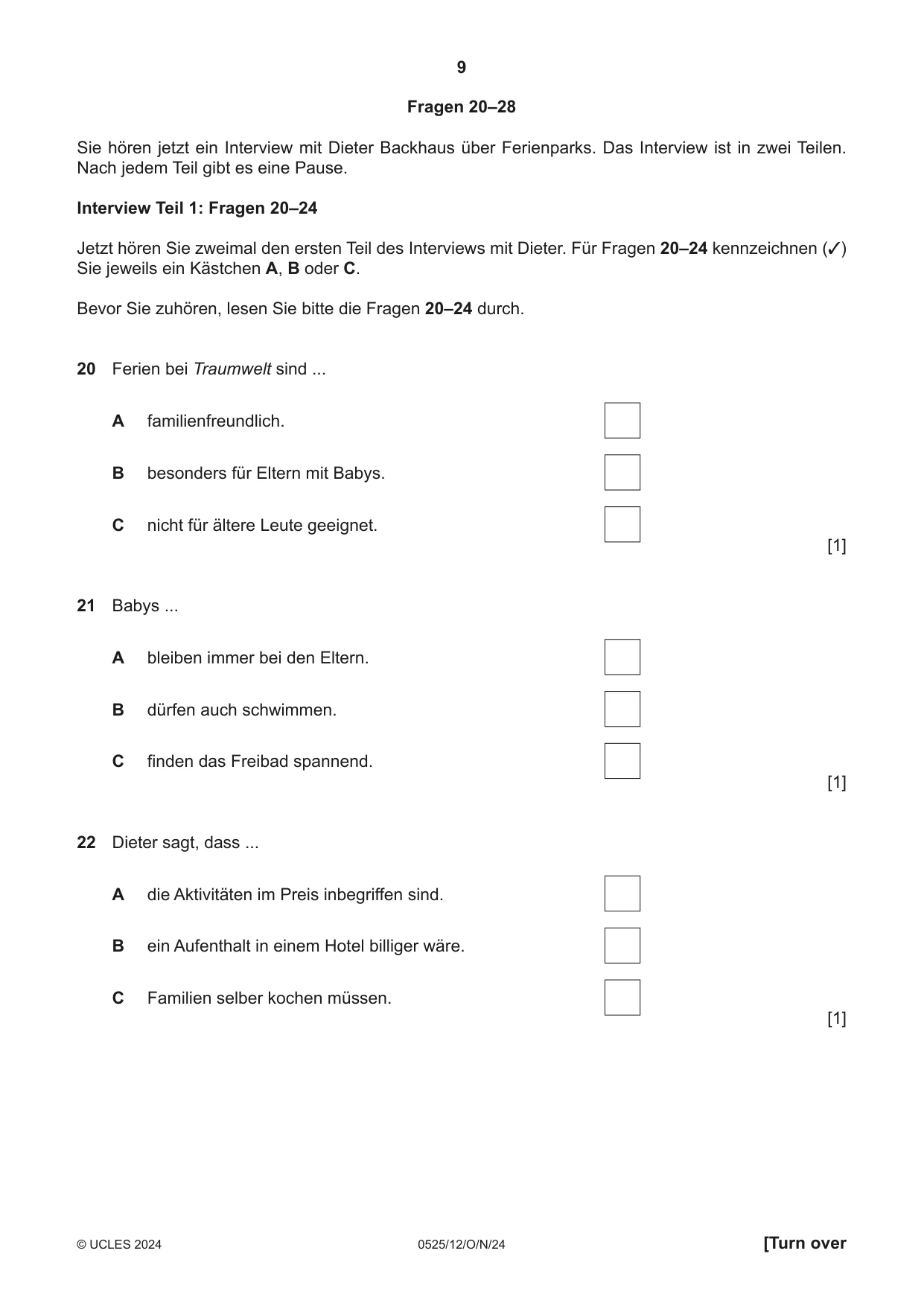 Cambridge IGCSE German - Foreign Language 0525 2024 Oct/Nov Paper 1 · Variant 2 question paper, page 9 of 16