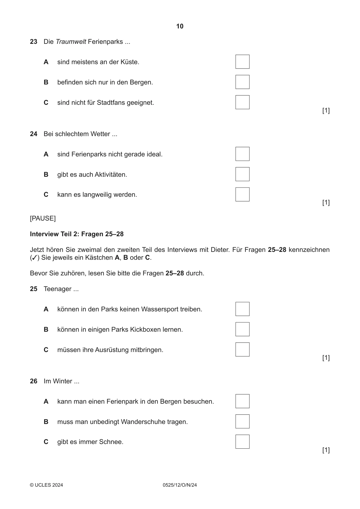 Cambridge IGCSE German - Foreign Language 0525 2024 Oct/Nov Paper 1 · Variant 2 question paper, page 10 of 16