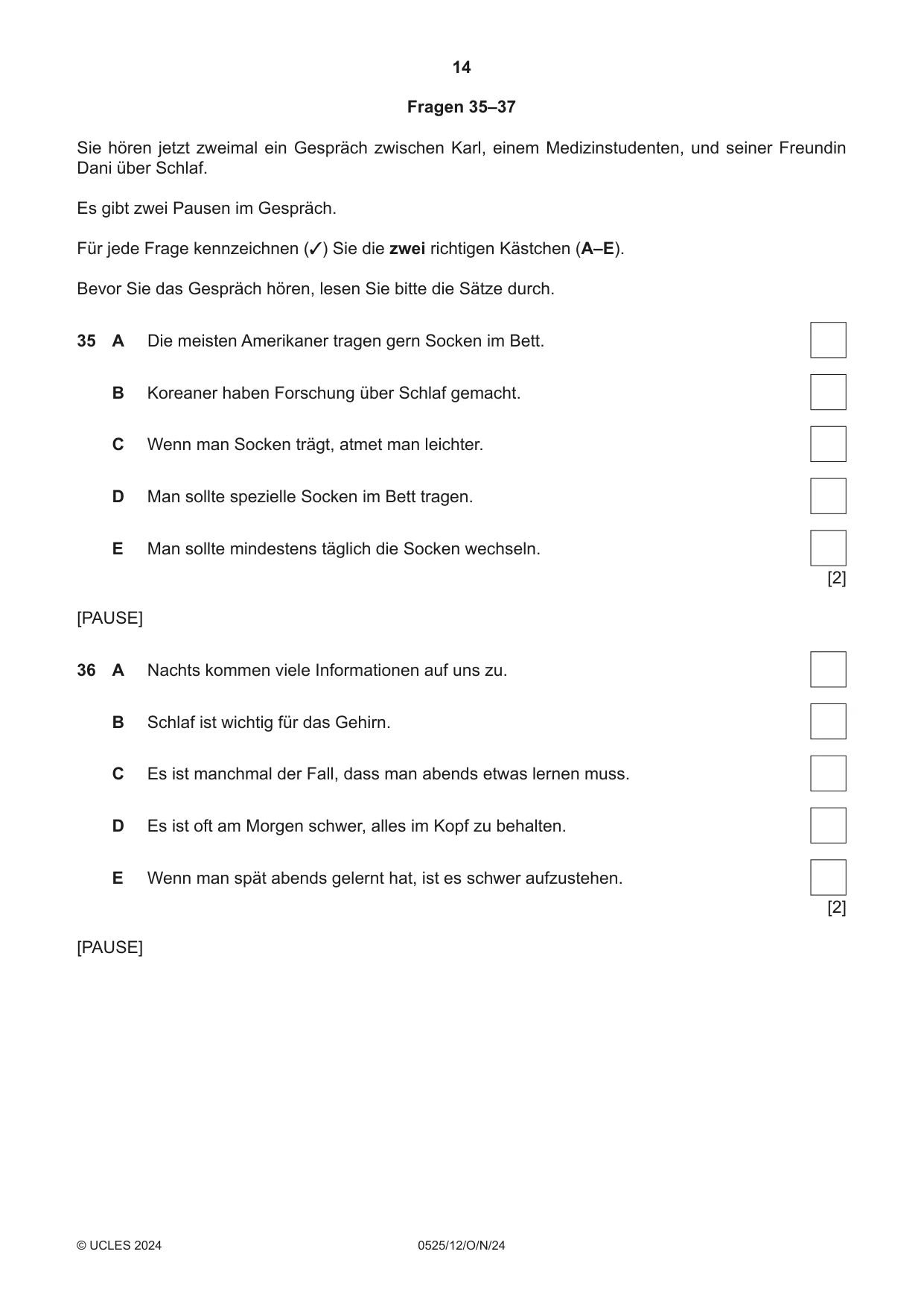 Cambridge IGCSE German - Foreign Language 0525 2024 Oct/Nov Paper 1 · Variant 2 question paper, page 14 of 16