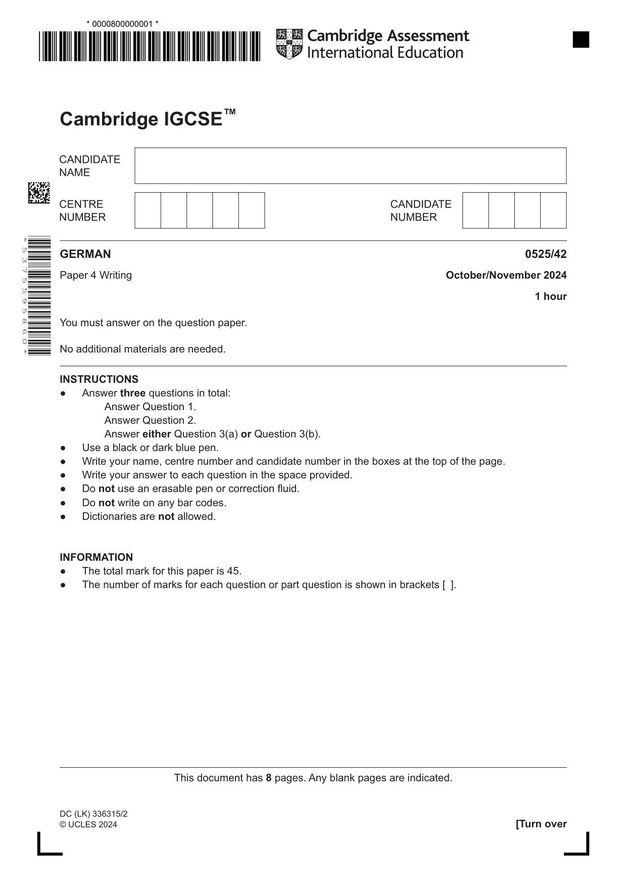 Cambridge IGCSE German - Foreign Language 0525 2024 Oct/Nov Paper 4 · Variant 2 question paper, page 1 of 8