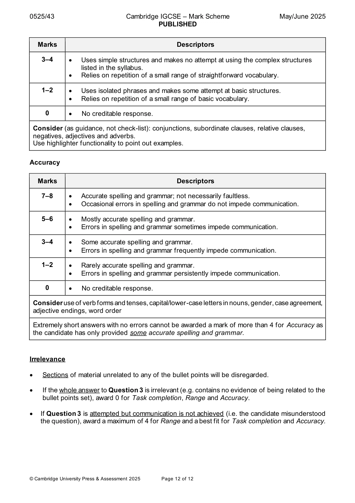 Mark scheme, page 12 of 12