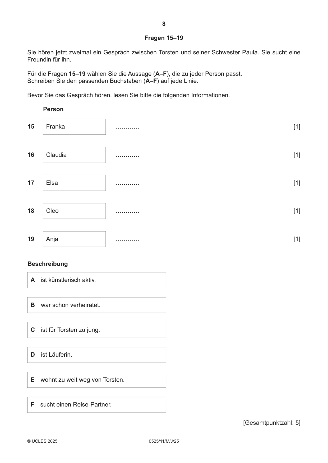 Cambridge IGCSE German - Foreign Language 0525 2025 May/June Paper 1 · Variant 1 question paper, page 8 of 16