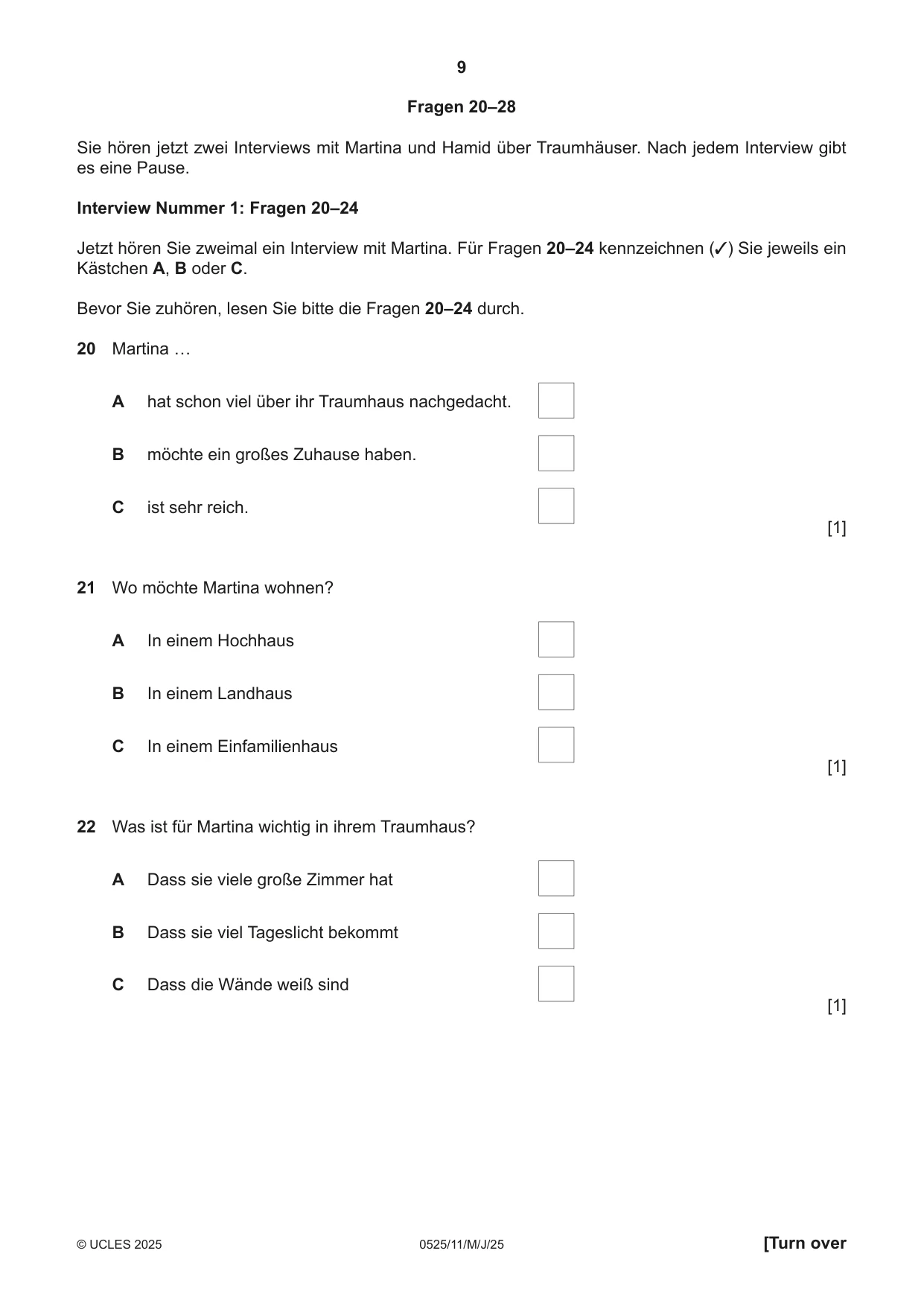 Cambridge IGCSE German - Foreign Language 0525 2025 May/June Paper 1 · Variant 1 question paper, page 9 of 16