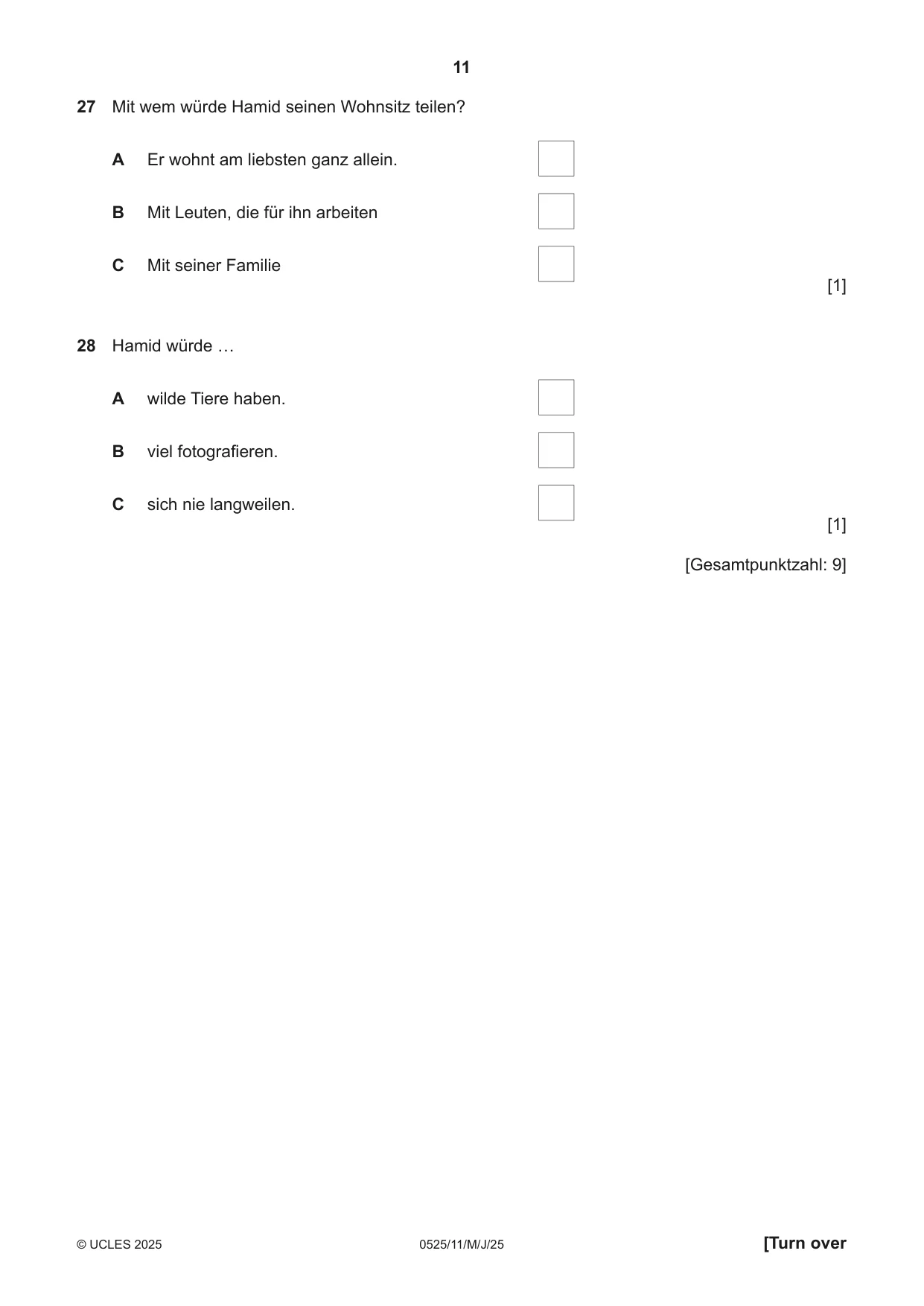 Cambridge IGCSE German - Foreign Language 0525 2025 May/June Paper 1 · Variant 1 question paper, page 11 of 16