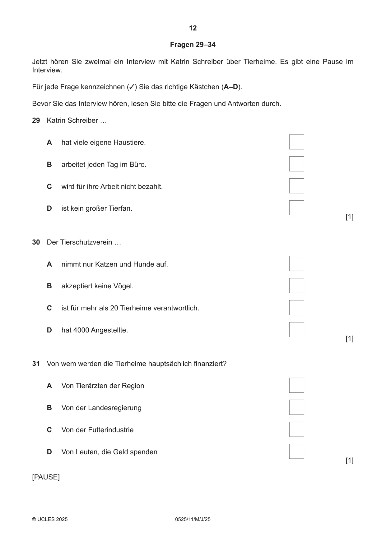 Cambridge IGCSE German - Foreign Language 0525 2025 May/June Paper 1 · Variant 1 question paper, page 12 of 16