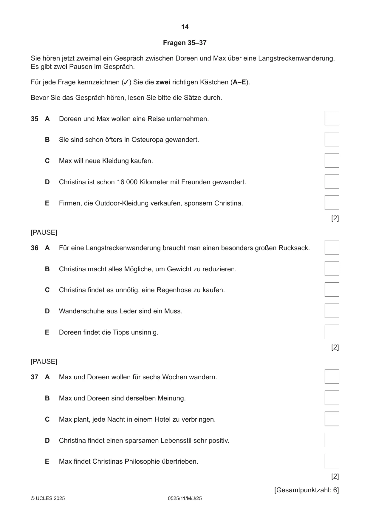 Cambridge IGCSE German - Foreign Language 0525 2025 May/June Paper 1 · Variant 1 question paper, page 14 of 16