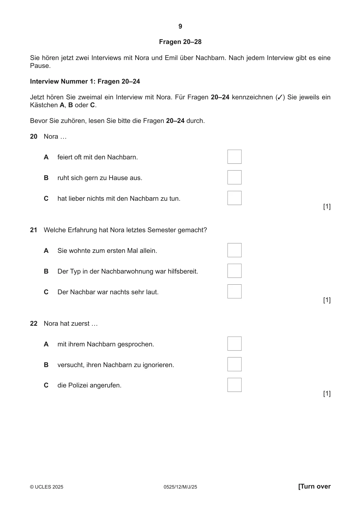Cambridge IGCSE German - Foreign Language 0525 2025 May/June Paper 1 · Variant 2 question paper, page 9 of 16