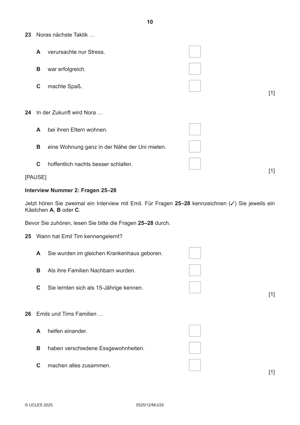 Cambridge IGCSE German - Foreign Language 0525 2025 May/June Paper 1 · Variant 2 question paper, page 10 of 16