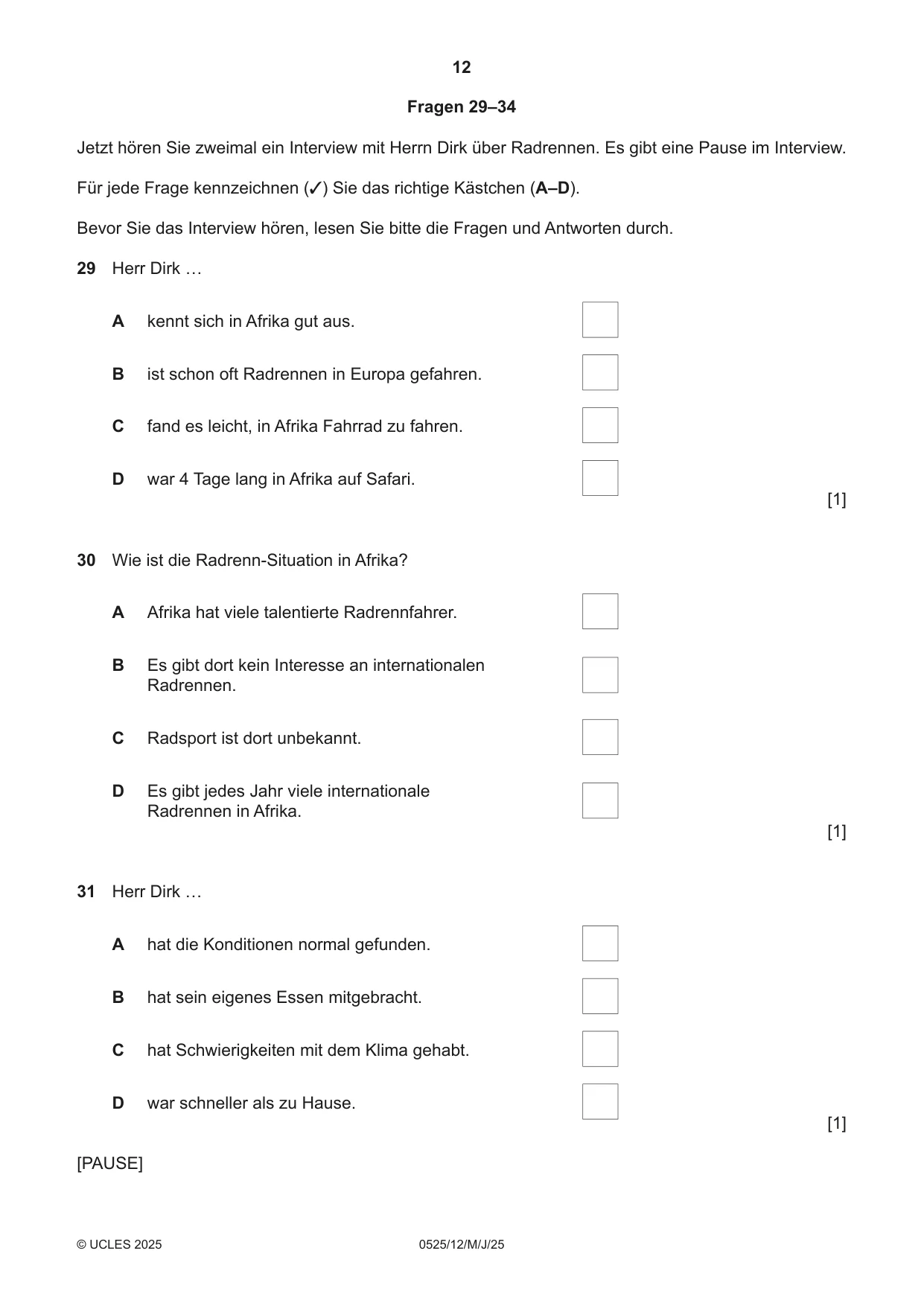 Cambridge IGCSE German - Foreign Language 0525 2025 May/June Paper 1 · Variant 2 question paper, page 12 of 16