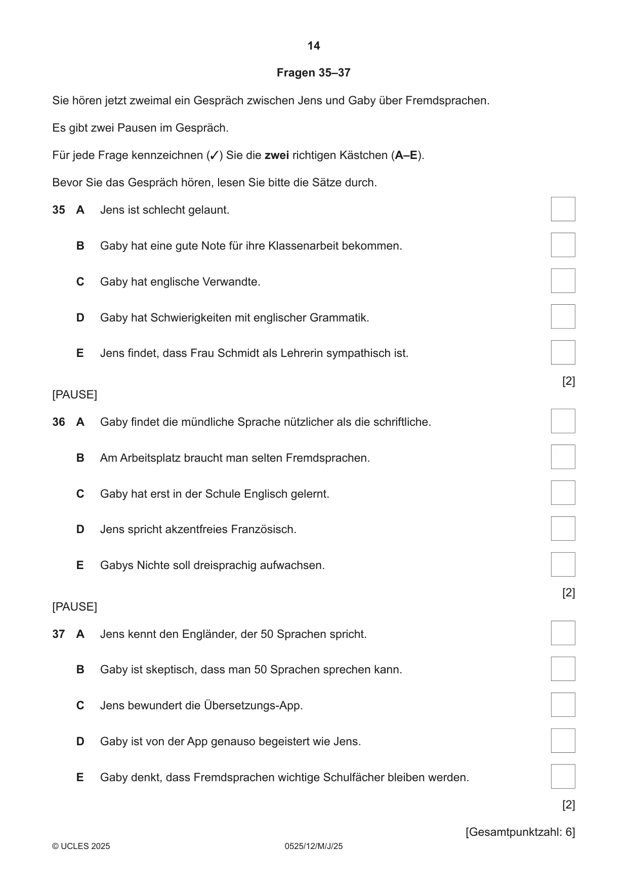Cambridge IGCSE German - Foreign Language 0525 2025 May/June Paper 1 · Variant 2 question paper, page 14 of 16