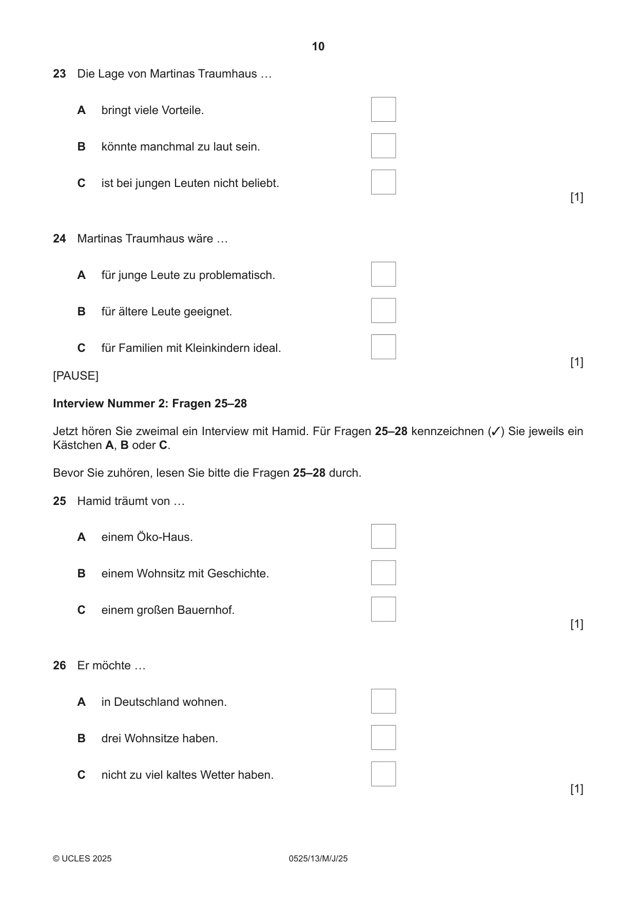 Cambridge IGCSE German - Foreign Language 0525 2025 May/June Paper 1 · Variant 3 question paper, page 10 of 16