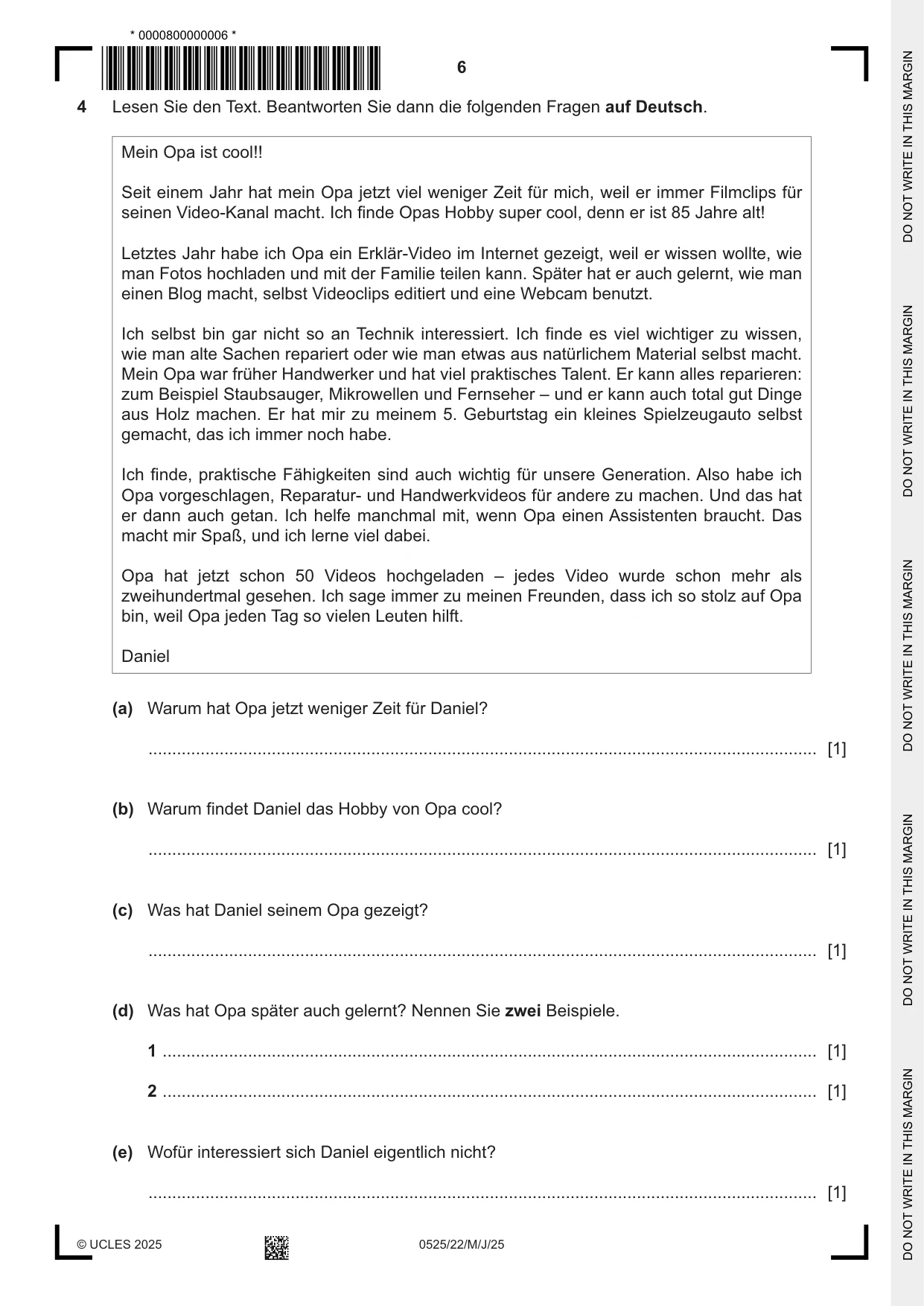 Cambridge IGCSE German - Foreign Language 0525 2025 May/June Paper 2 · Variant 2 question paper, page 6 of 12