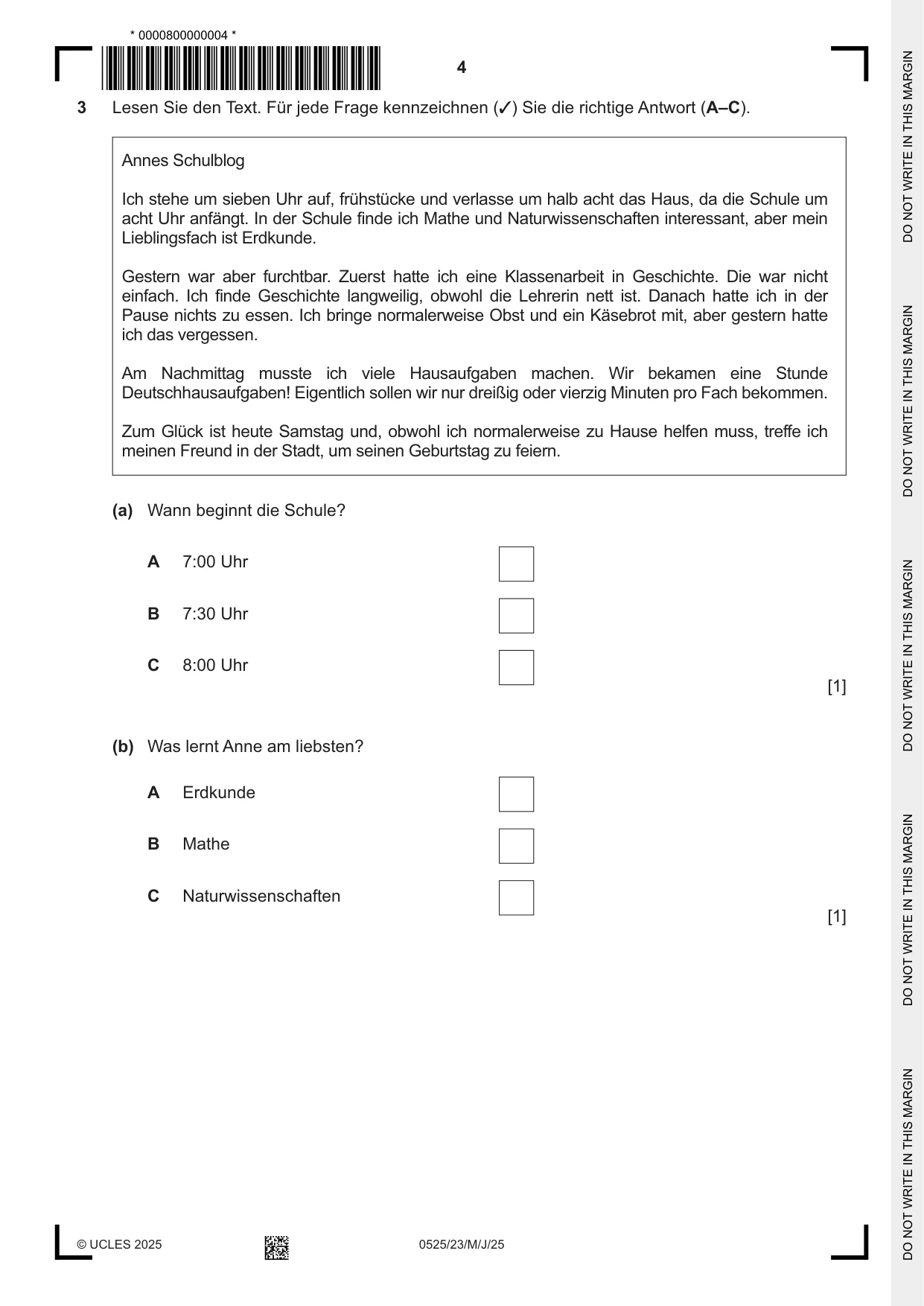 Cambridge IGCSE German - Foreign Language 0525 2025 May/June Paper 2 · Variant 3 question paper, page 4 of 12
