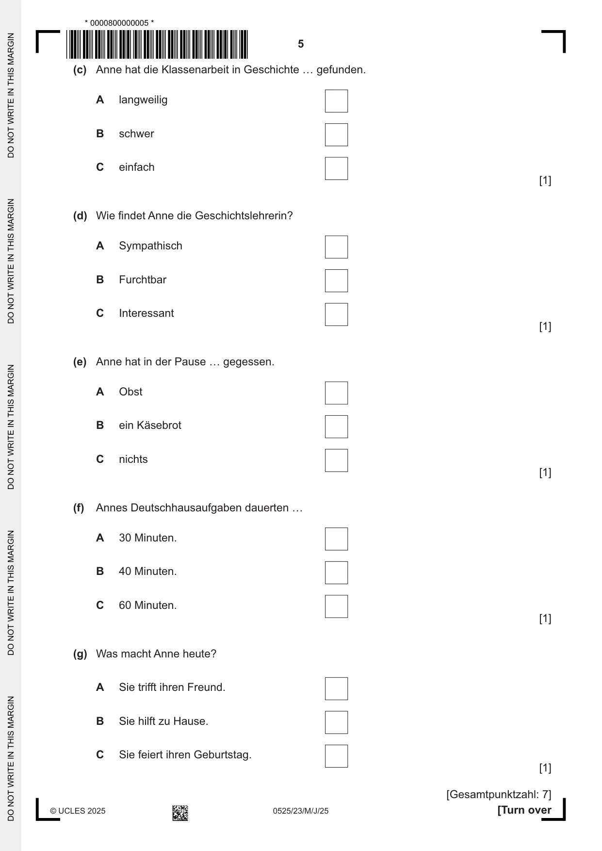 Cambridge IGCSE German - Foreign Language 0525 2025 May/June Paper 2 · Variant 3 question paper, page 5 of 12