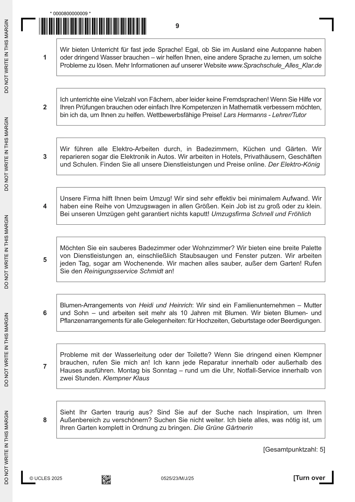 Cambridge IGCSE German - Foreign Language 0525 2025 May/June Paper 2 · Variant 3 question paper, page 9 of 12