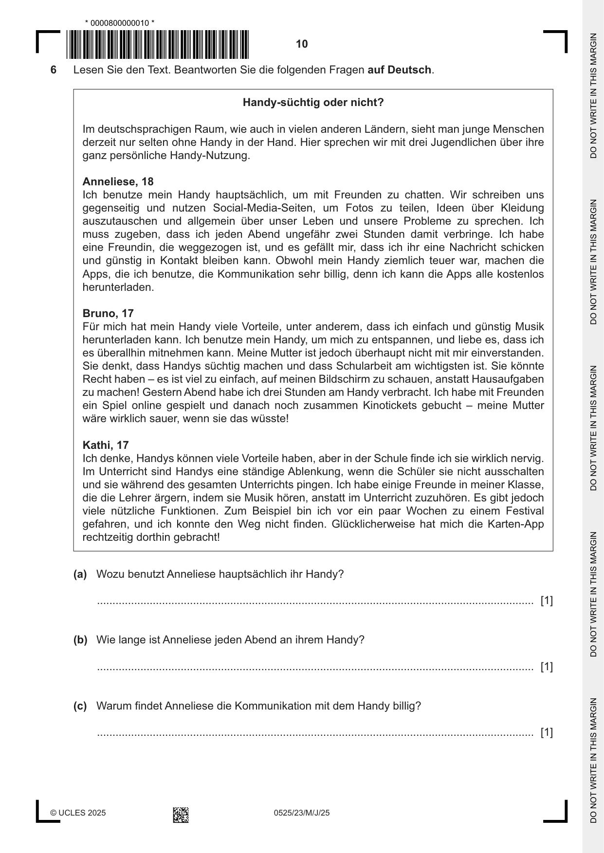 Cambridge IGCSE German - Foreign Language 0525 2025 May/June Paper 2 · Variant 3 question paper, page 10 of 12