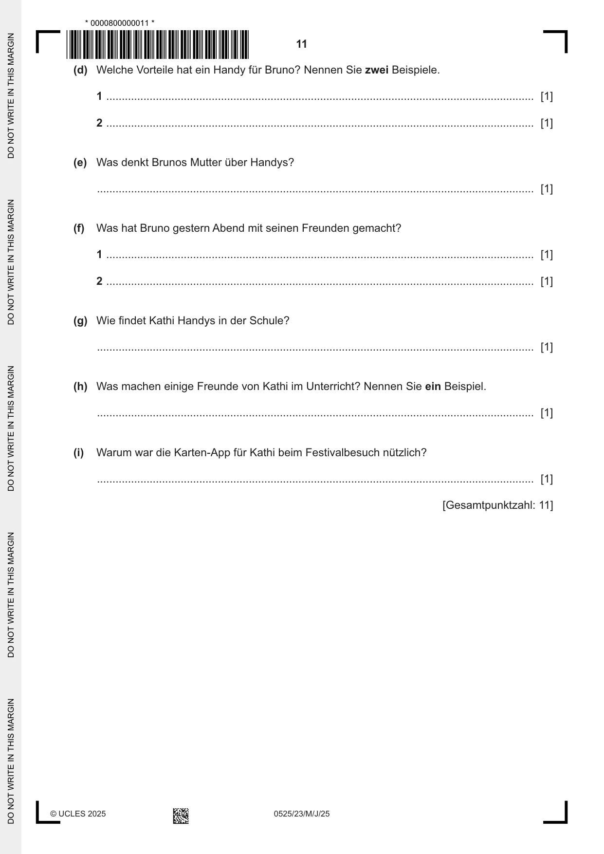Cambridge IGCSE German - Foreign Language 0525 2025 May/June Paper 2 · Variant 3 question paper, page 11 of 12