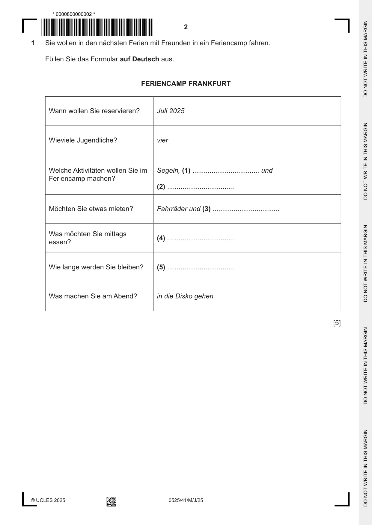 Cambridge IGCSE German - Foreign Language 0525 2025 May/June Paper 4 · Variant 1 question paper, page 2 of 8