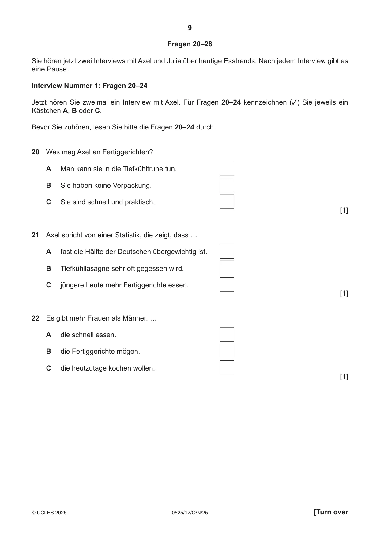Cambridge IGCSE German - Foreign Language 0525 2025 Oct/Nov Paper 1 · Variant 2 question paper, page 9 of 16