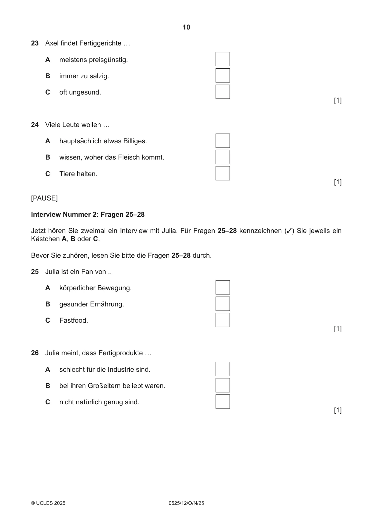 Cambridge IGCSE German - Foreign Language 0525 2025 Oct/Nov Paper 1 · Variant 2 question paper, page 10 of 16