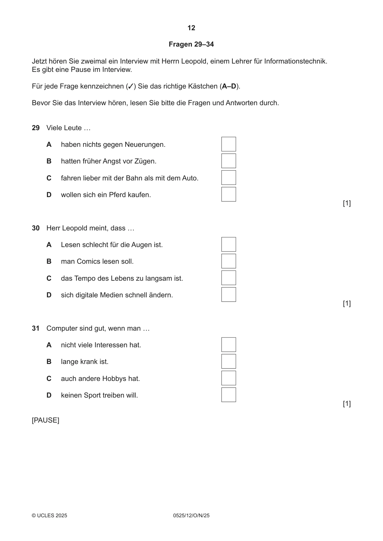 Cambridge IGCSE German - Foreign Language 0525 2025 Oct/Nov Paper 1 · Variant 2 question paper, page 12 of 16