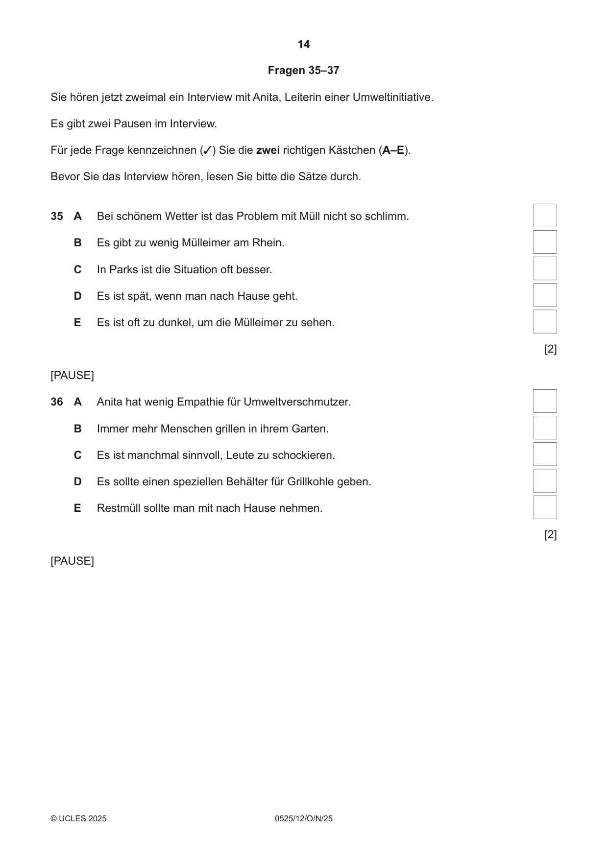 Cambridge IGCSE German - Foreign Language 0525 2025 Oct/Nov Paper 1 · Variant 2 question paper, page 14 of 16