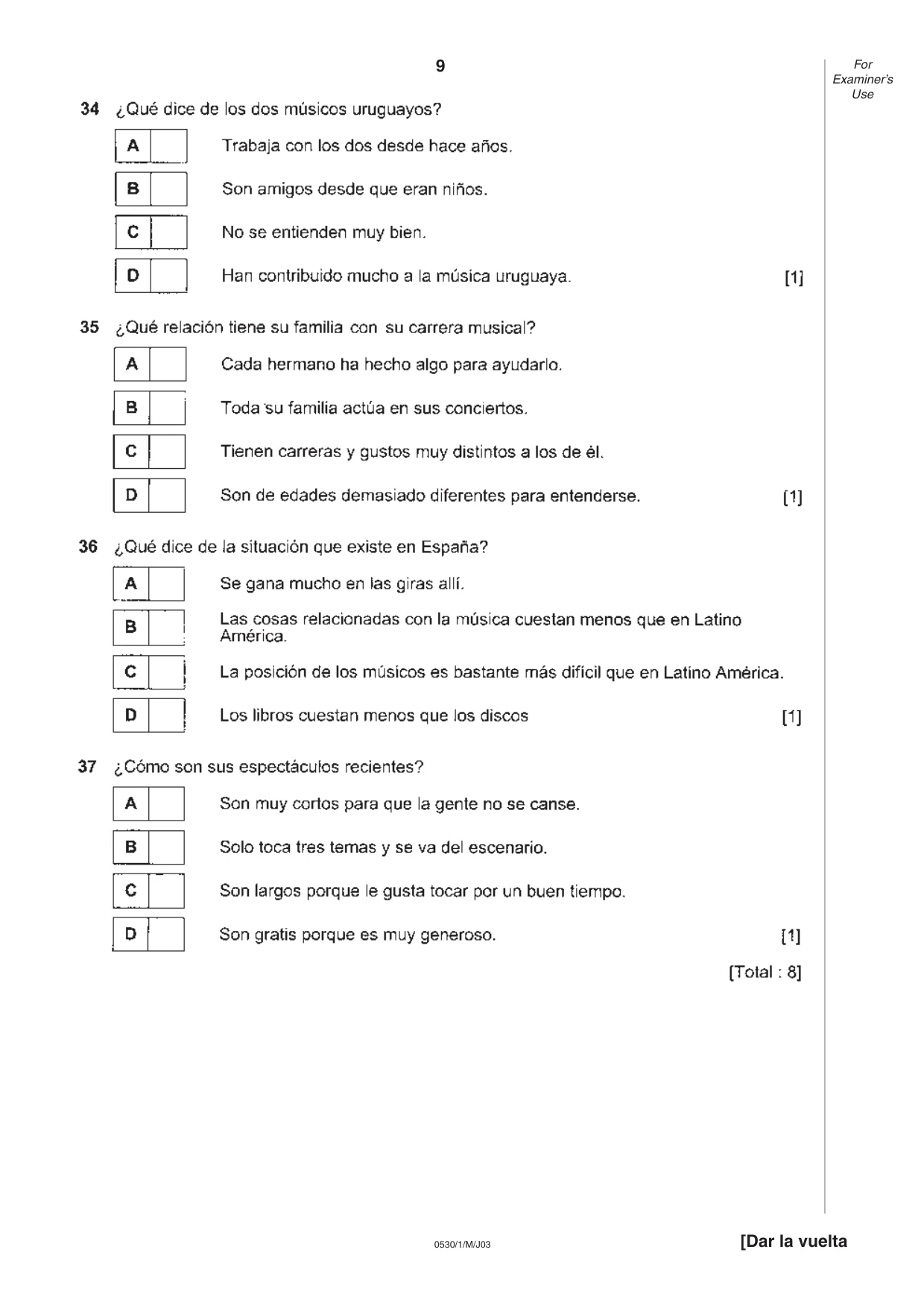 Cambridge IGCSE Spanish - Foreign Language 0530 2003 May/June Paper 1 · Variant 1 question paper, page 9 of 12