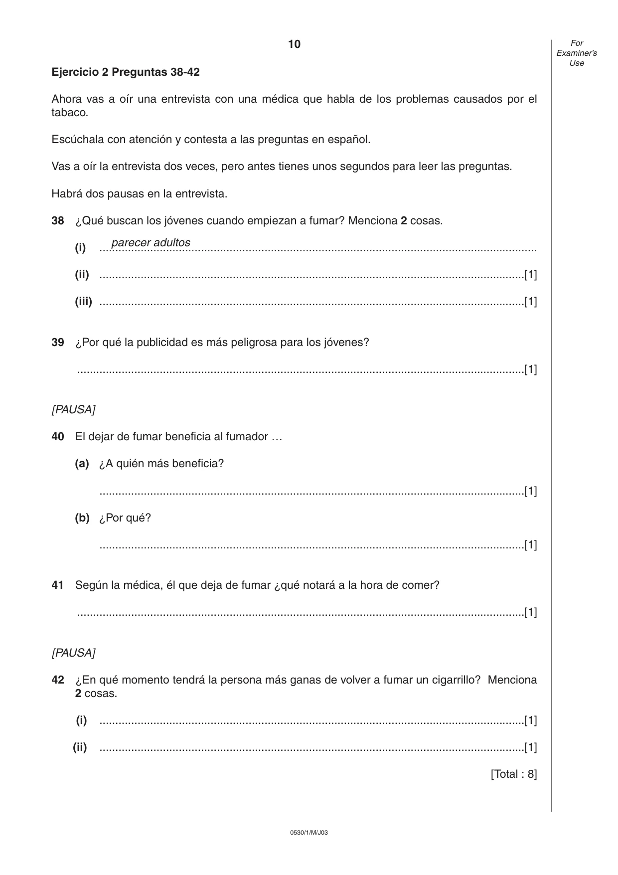 Cambridge IGCSE Spanish - Foreign Language 0530 2003 May/June Paper 1 · Variant 1 question paper, page 10 of 12