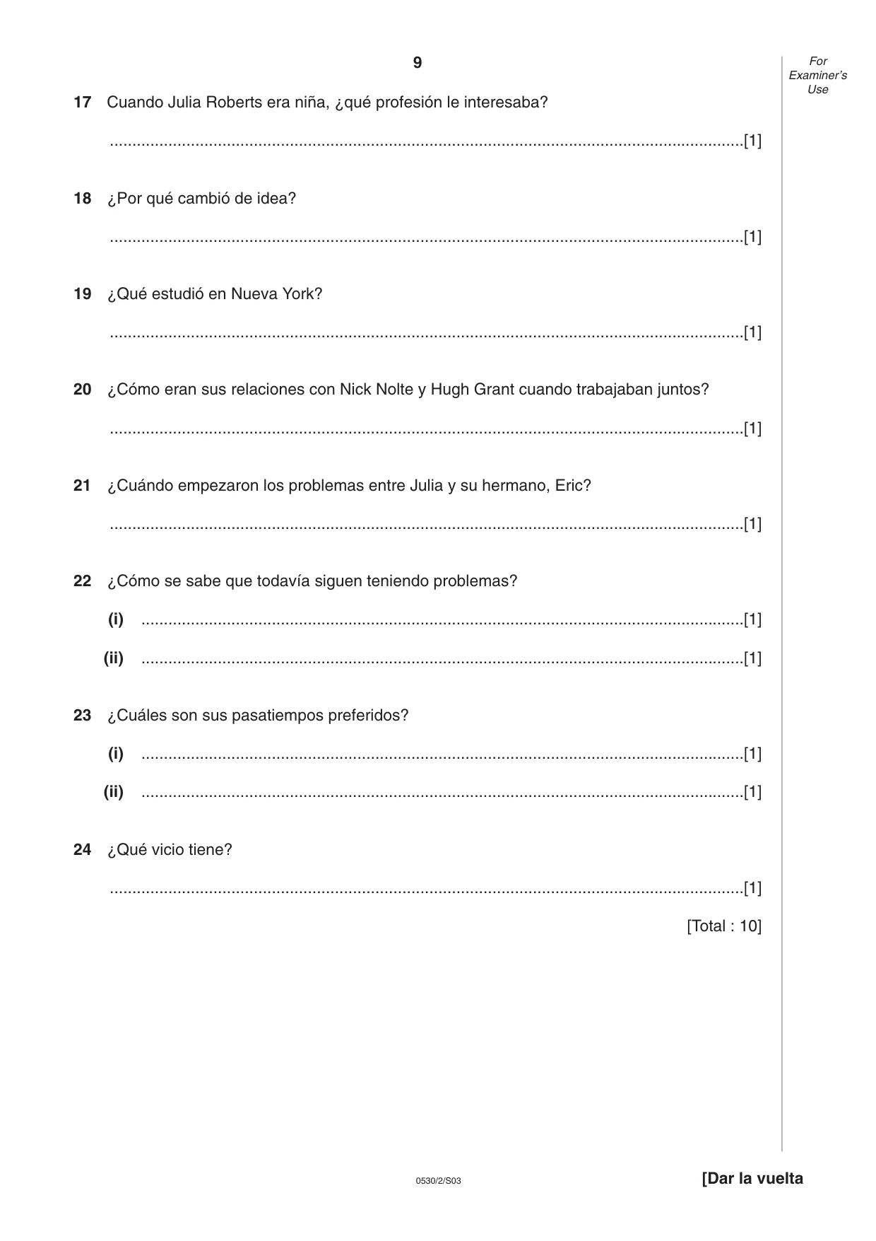 Cambridge IGCSE Spanish - Foreign Language 0530 2003 May/June Paper 2 · Variant 1 question paper, page 9 of 16