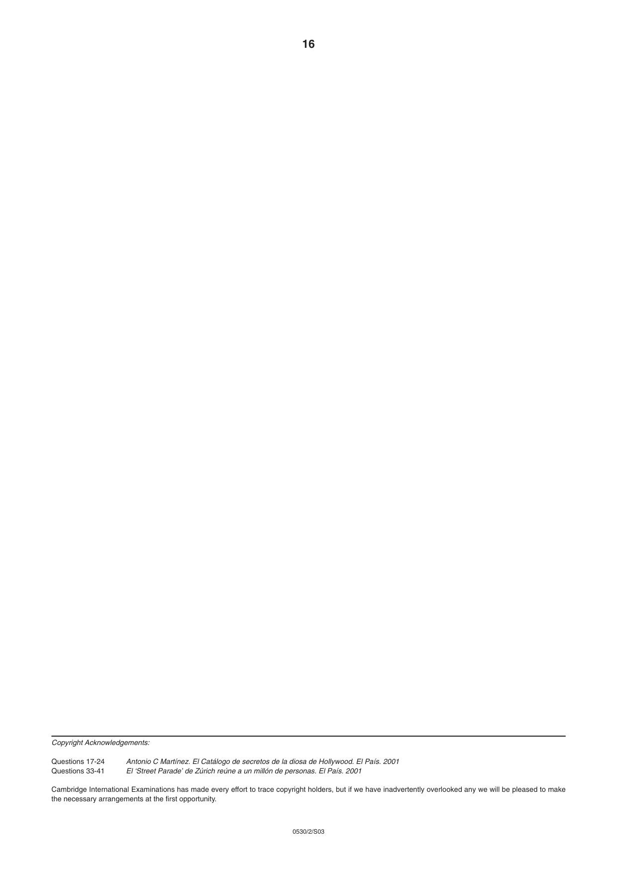 Cambridge IGCSE Spanish - Foreign Language 0530 2003 May/June Paper 2 · Variant 1 question paper, page 16 of 16