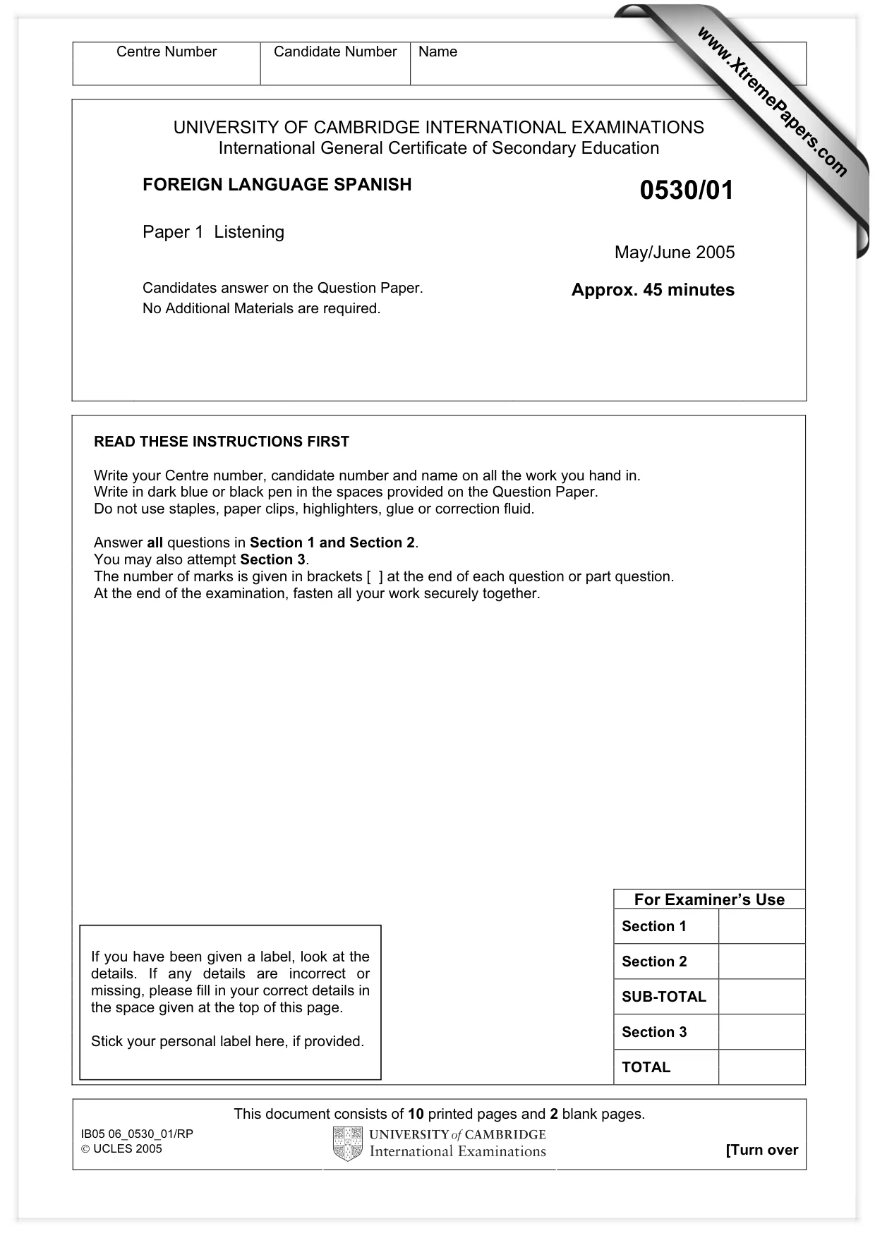 Cambridge IGCSE Spanish - Foreign Language 0530 2005 May/June Paper 1 · Variant 1 question paper, page 1 of 12