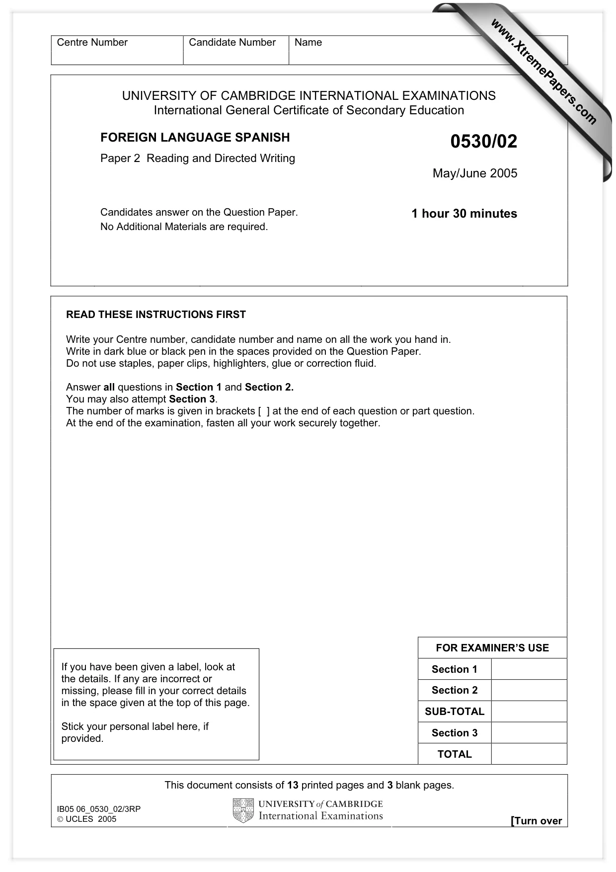 Cambridge IGCSE Spanish - Foreign Language 0530 2005 May/June Paper 2 · Variant 1 question paper, page 1 of 16