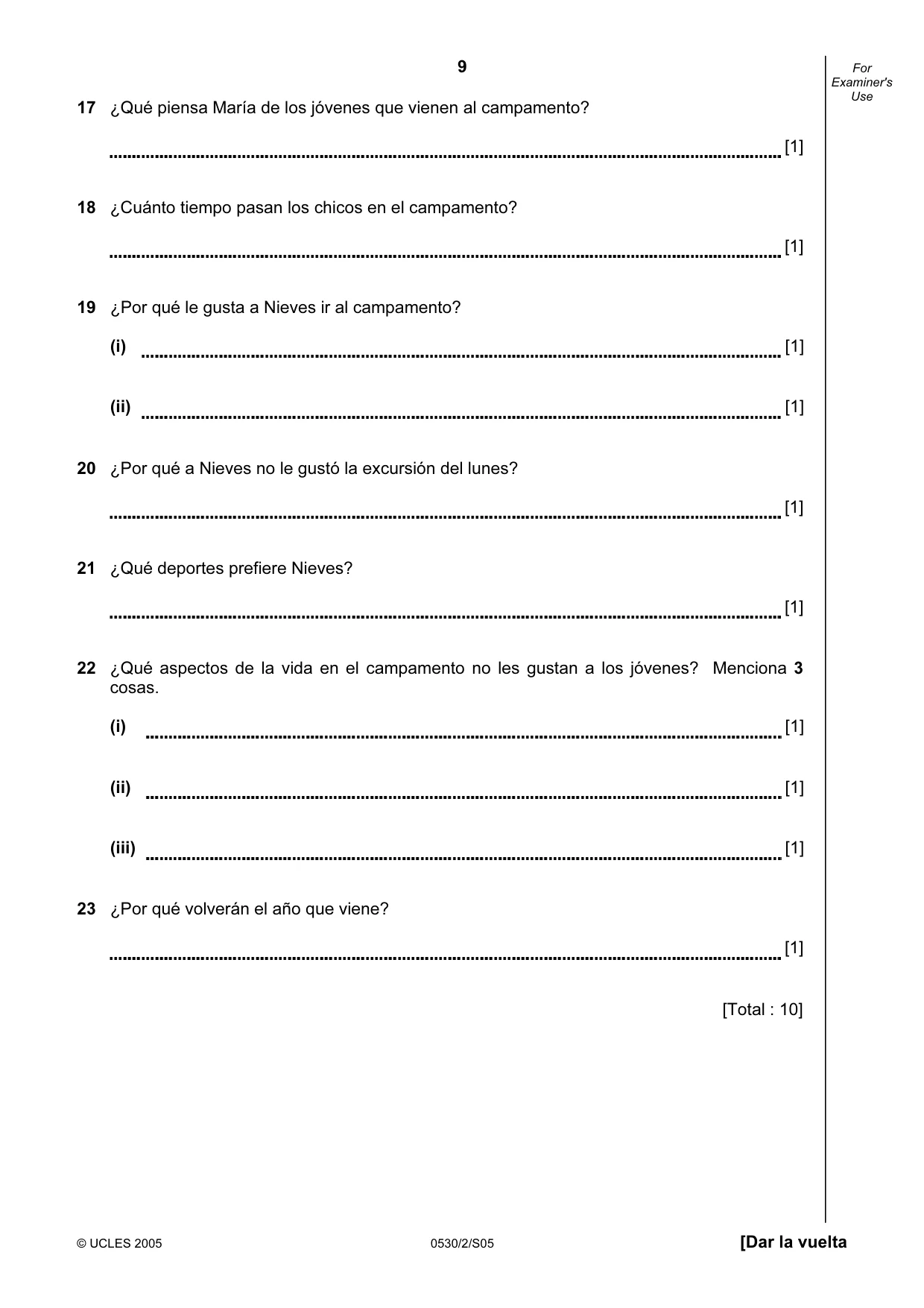 Cambridge IGCSE Spanish - Foreign Language 0530 2005 May/June Paper 2 · Variant 1 question paper, page 9 of 16