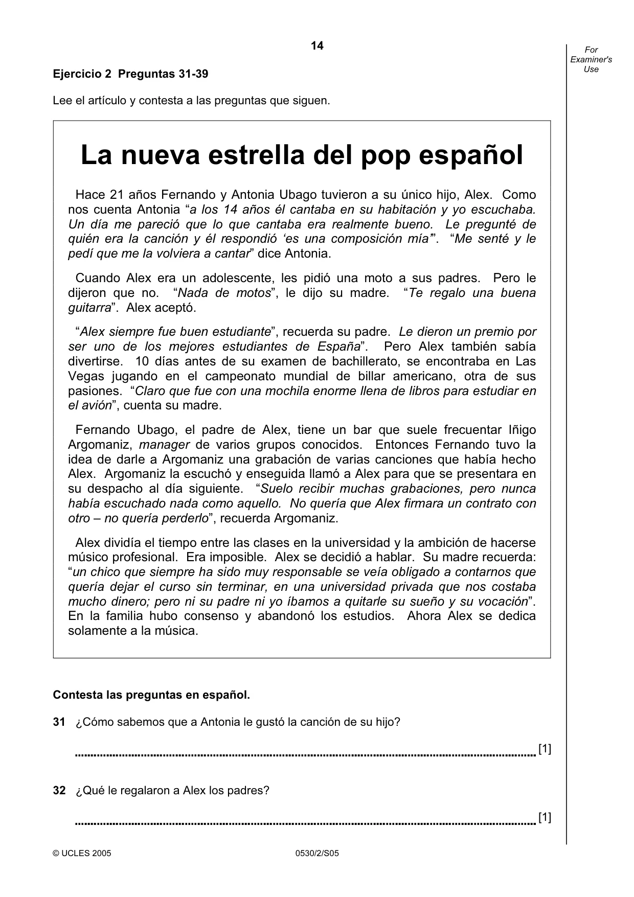 Cambridge IGCSE Spanish - Foreign Language 0530 2005 May/June Paper 2 · Variant 1 question paper, page 14 of 16