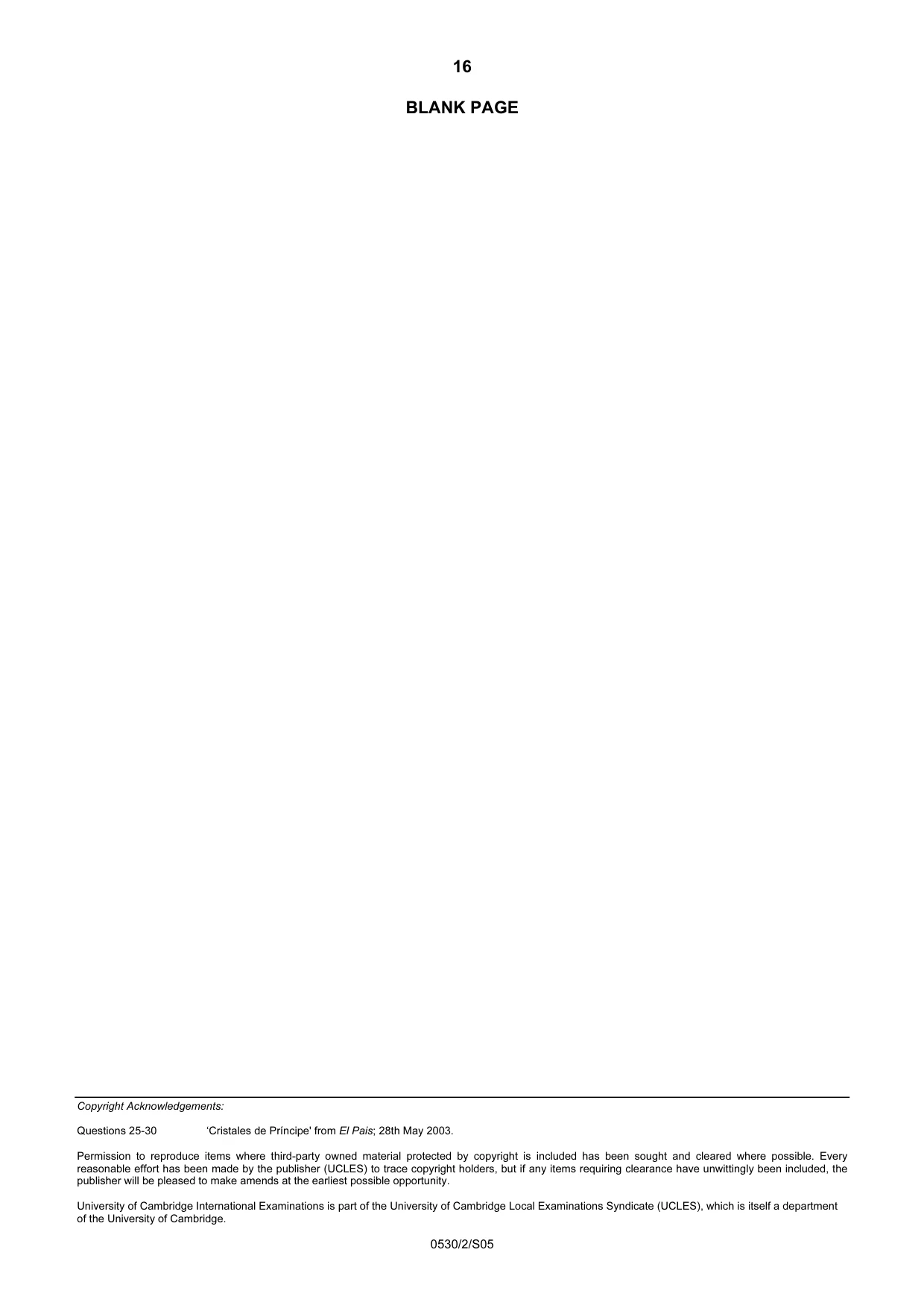 Cambridge IGCSE Spanish - Foreign Language 0530 2005 May/June Paper 2 · Variant 1 question paper, page 16 of 16