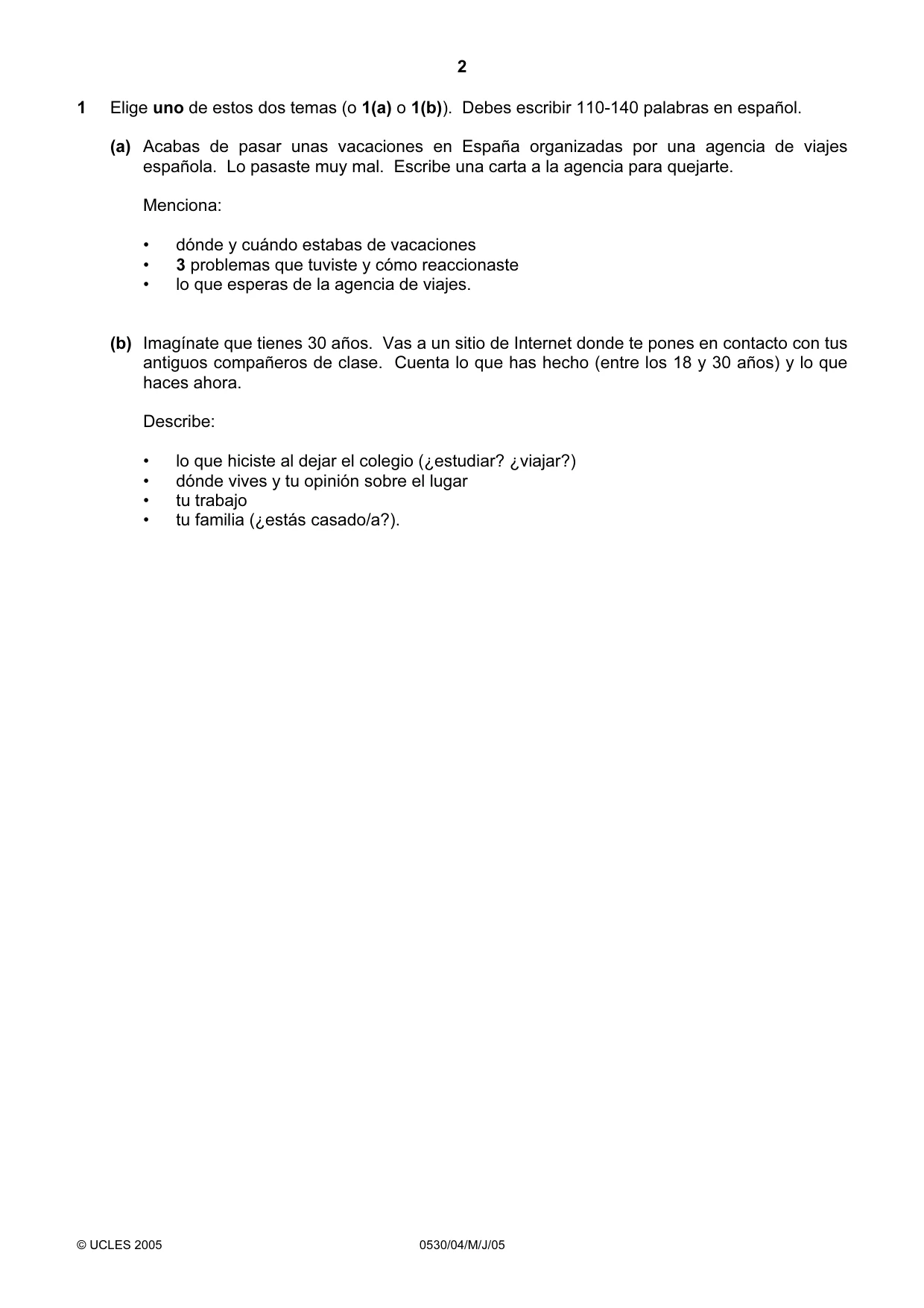 Cambridge IGCSE Spanish - Foreign Language 0530 2005 May/June Paper 4 · Variant 1 question paper, page 2 of 4