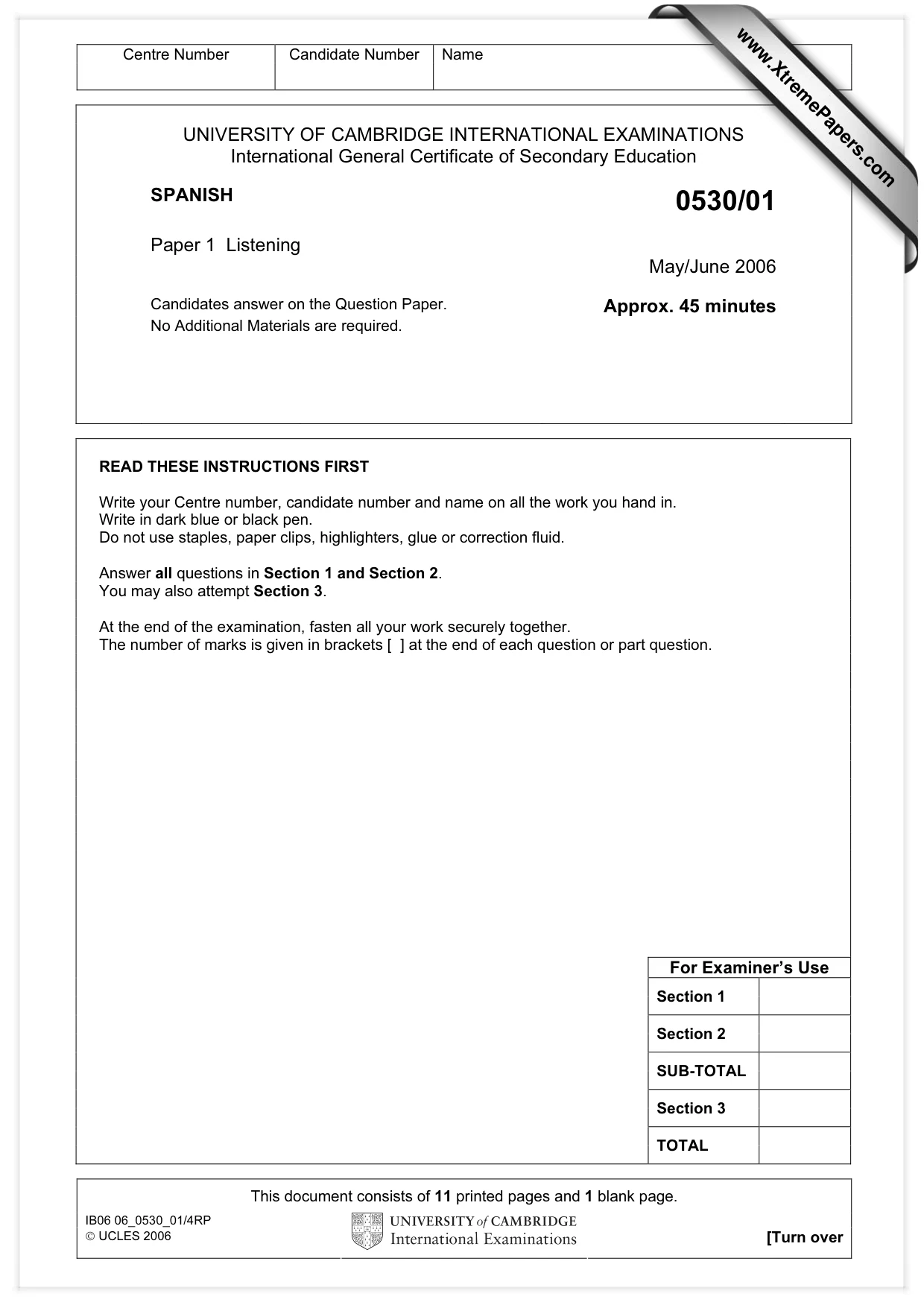 Cambridge IGCSE Spanish - Foreign Language 0530 2006 May/June Paper 1 · Variant 1 question paper, page 1 of 12