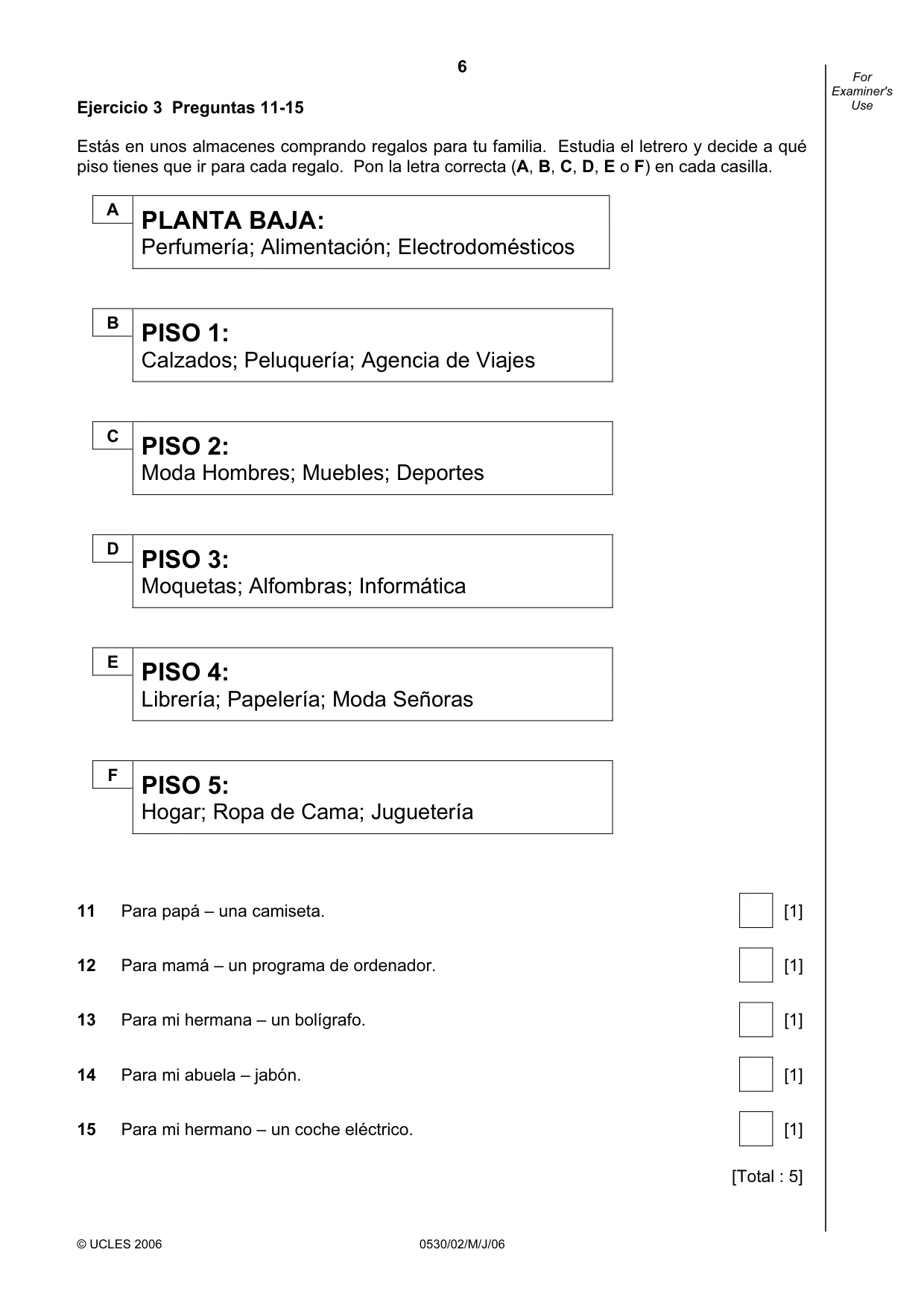 Cambridge IGCSE Spanish - Foreign Language 0530 2006 May/June Paper 2 · Variant 1 question paper, page 6 of 16
