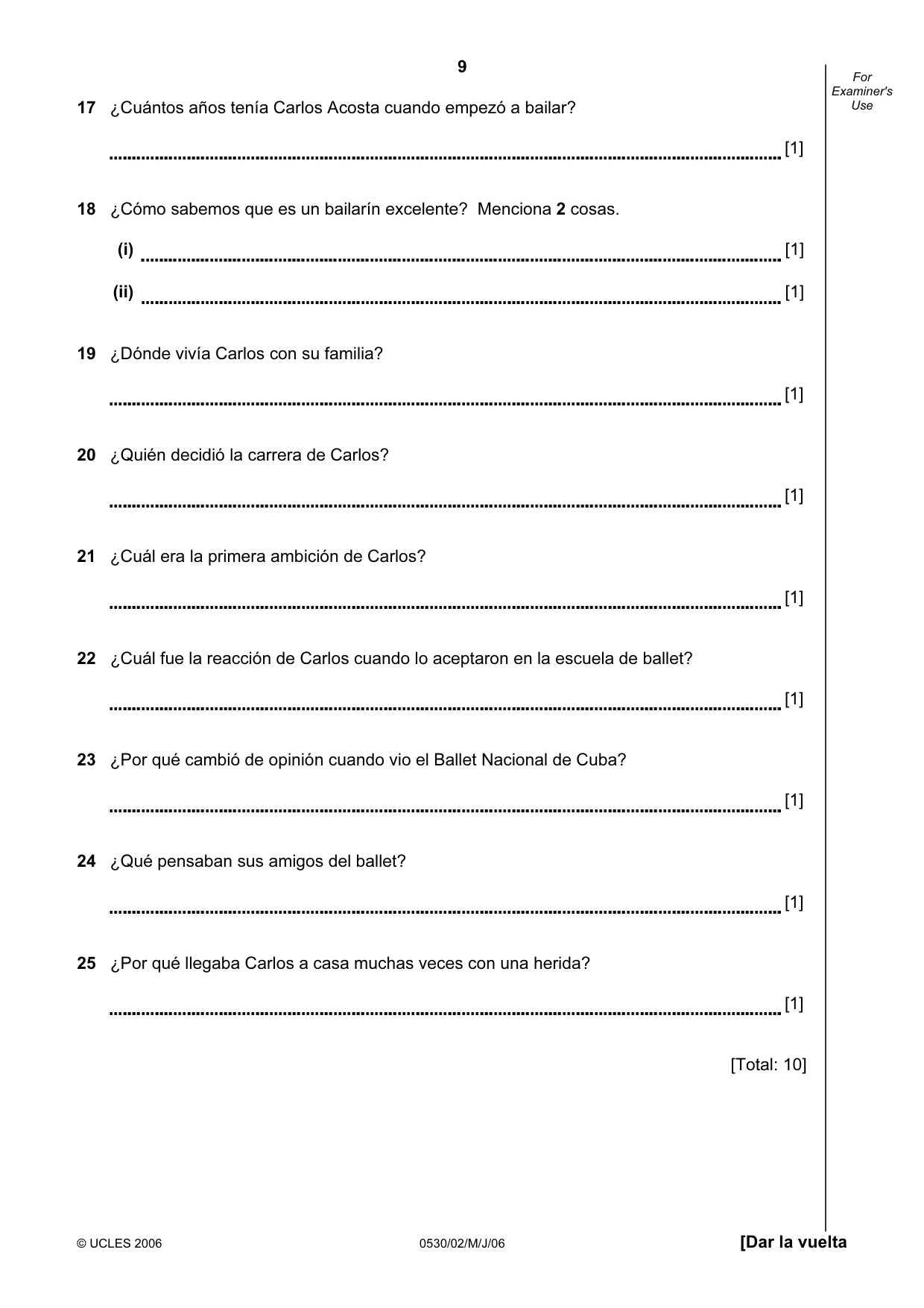 Cambridge IGCSE Spanish - Foreign Language 0530 2006 May/June Paper 2 · Variant 1 question paper, page 9 of 16