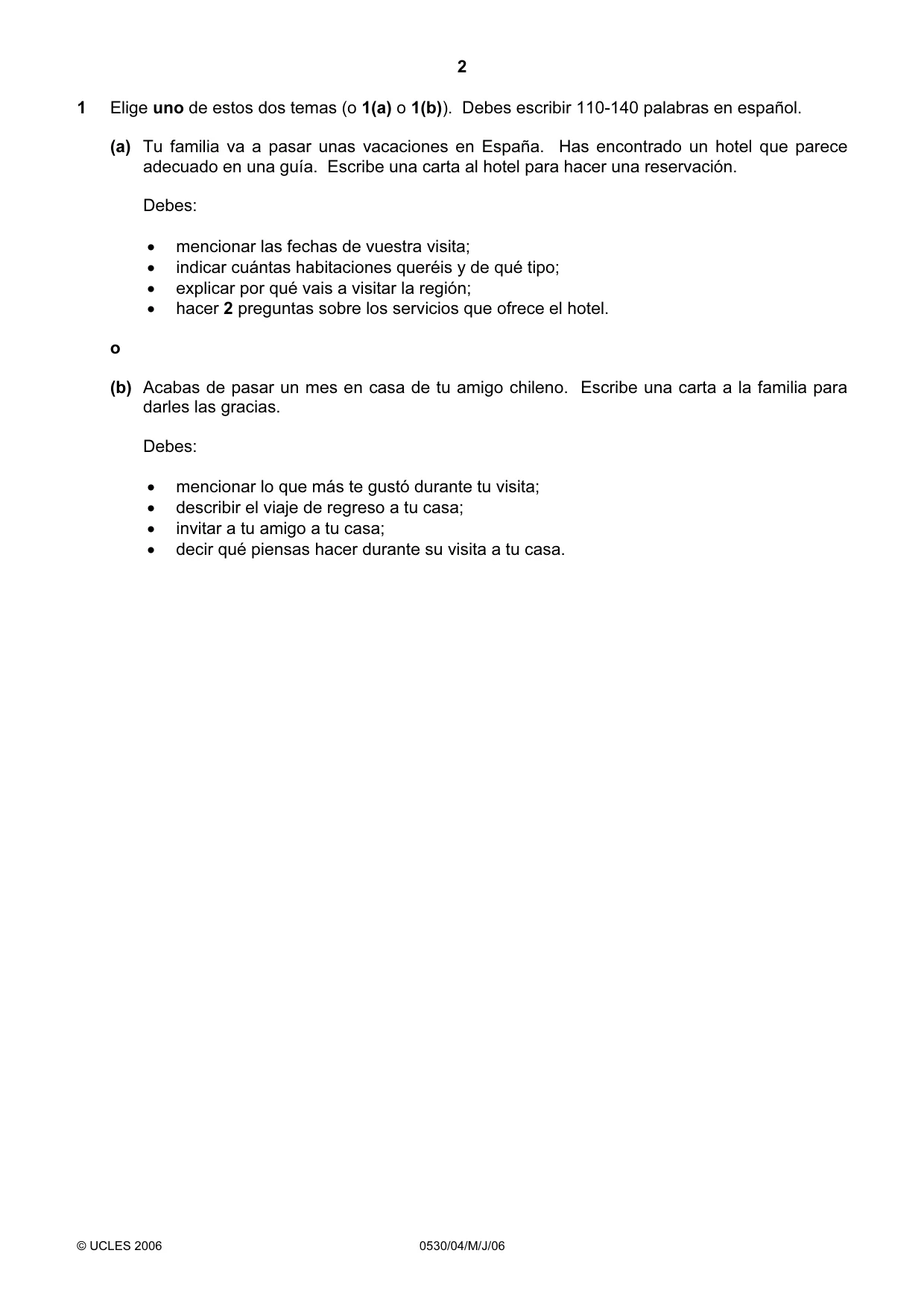 Cambridge IGCSE Spanish - Foreign Language 0530 2006 May/June Paper 4 · Variant 1 question paper, page 2 of 4