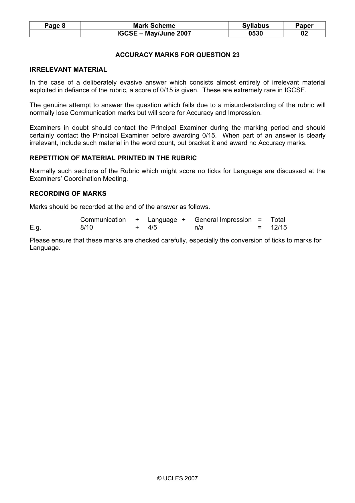Mark scheme, page 8 of 20
