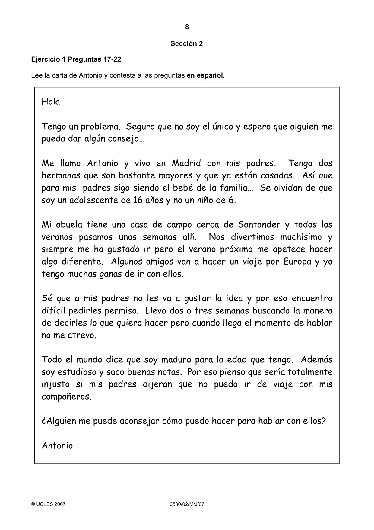 Cambridge IGCSE Spanish - Foreign Language 0530 2007 May/June Paper 2 · Variant 1 question paper, page 8 of 16