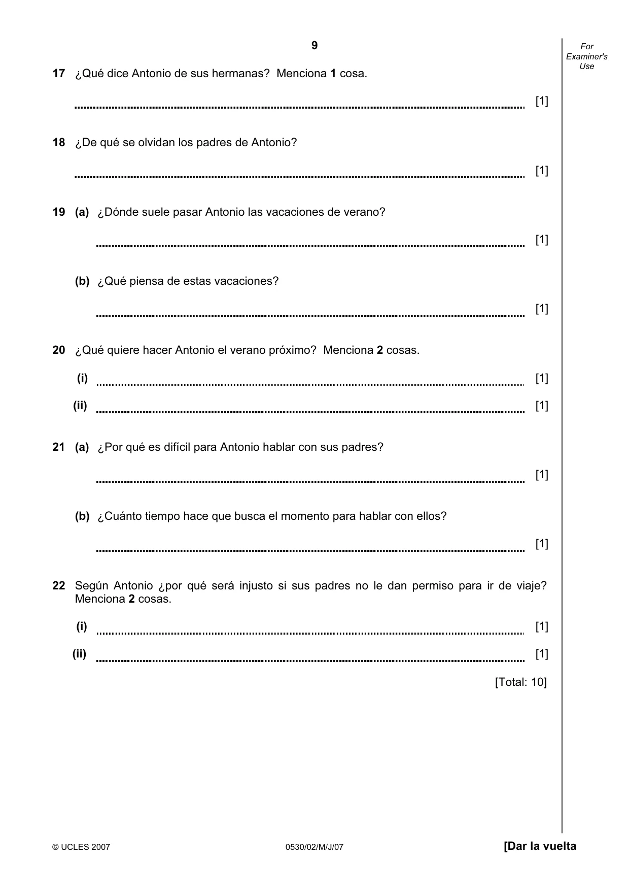 Cambridge IGCSE Spanish - Foreign Language 0530 2007 May/June Paper 2 · Variant 1 question paper, page 9 of 16