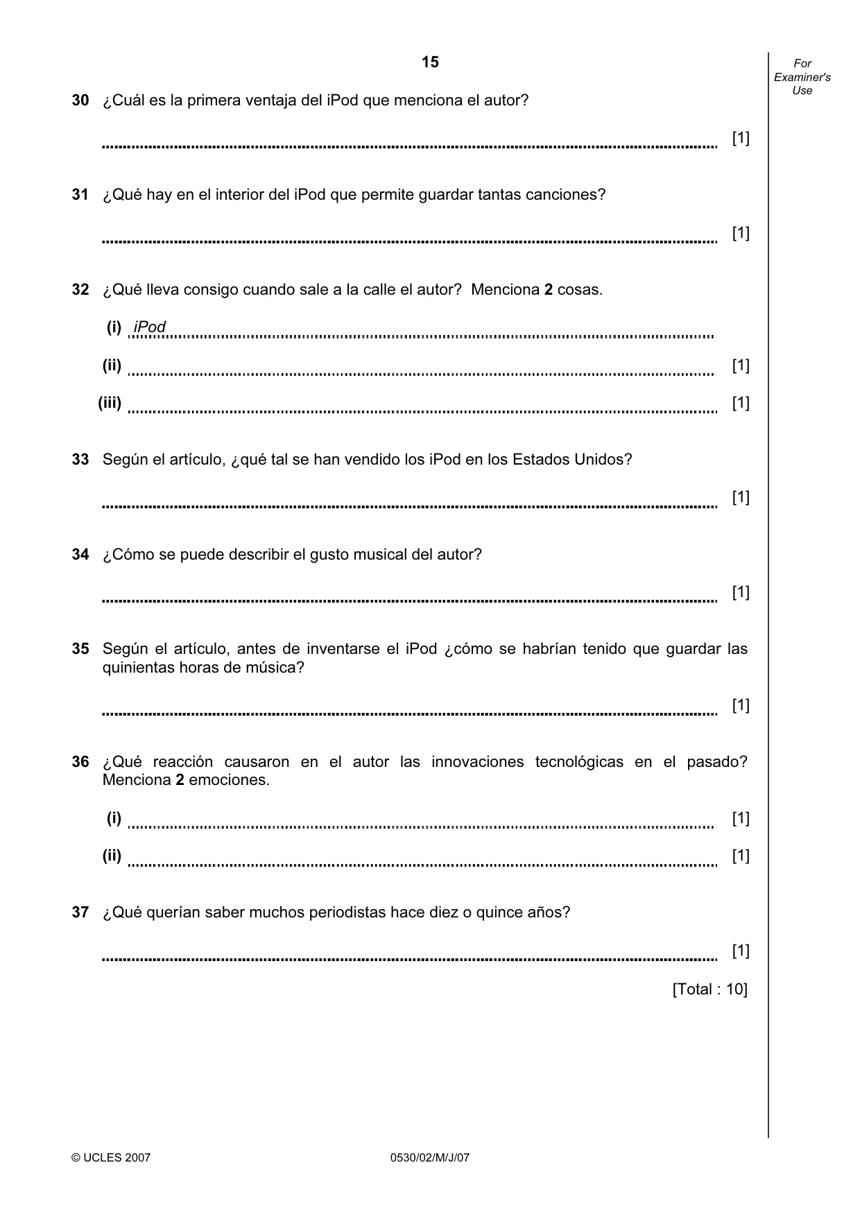 Cambridge IGCSE Spanish - Foreign Language 0530 2007 May/June Paper 2 · Variant 1 question paper, page 15 of 16