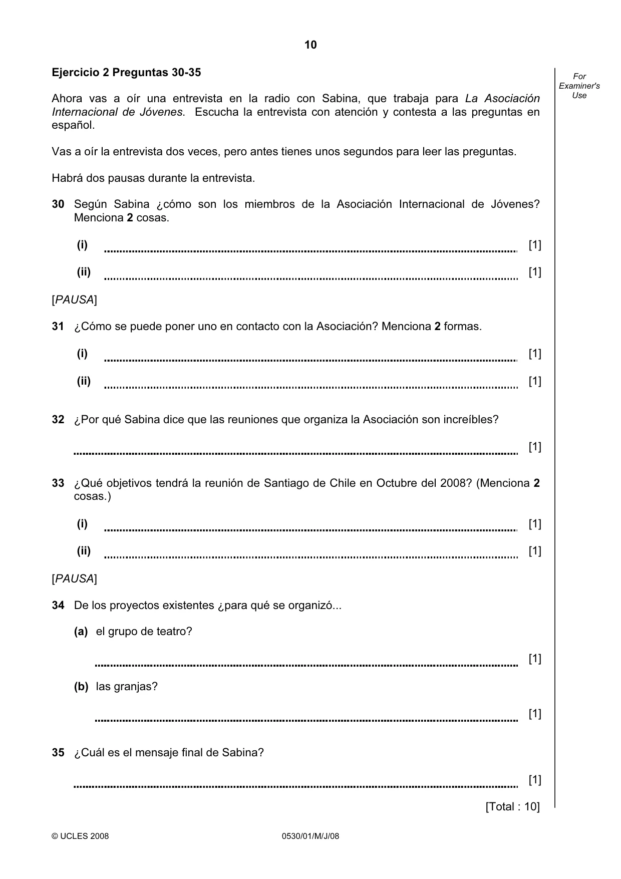 Cambridge IGCSE Spanish - Foreign Language 0530 2008 May/June Paper 1 · Variant 1 question paper, page 10 of 12