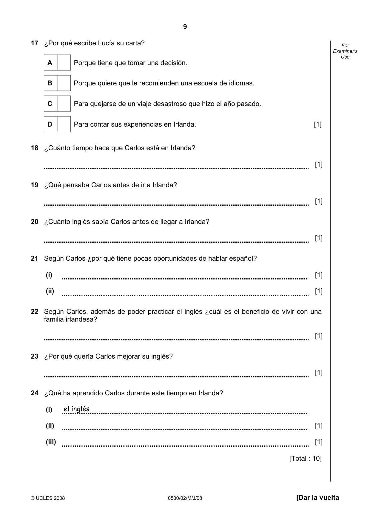 Cambridge IGCSE Spanish - Foreign Language 0530 2008 May/June Paper 2 · Variant 1 question paper, page 9 of 16