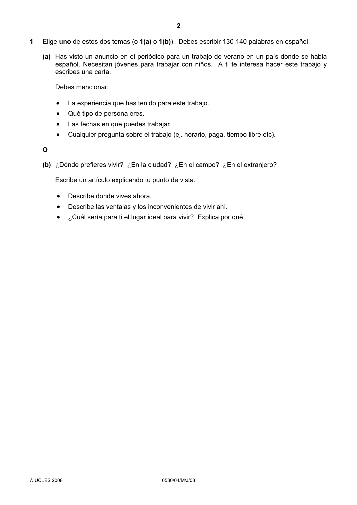 Cambridge IGCSE Spanish - Foreign Language 0530 2008 May/June Paper 4 · Variant 1 question paper, page 2 of 4