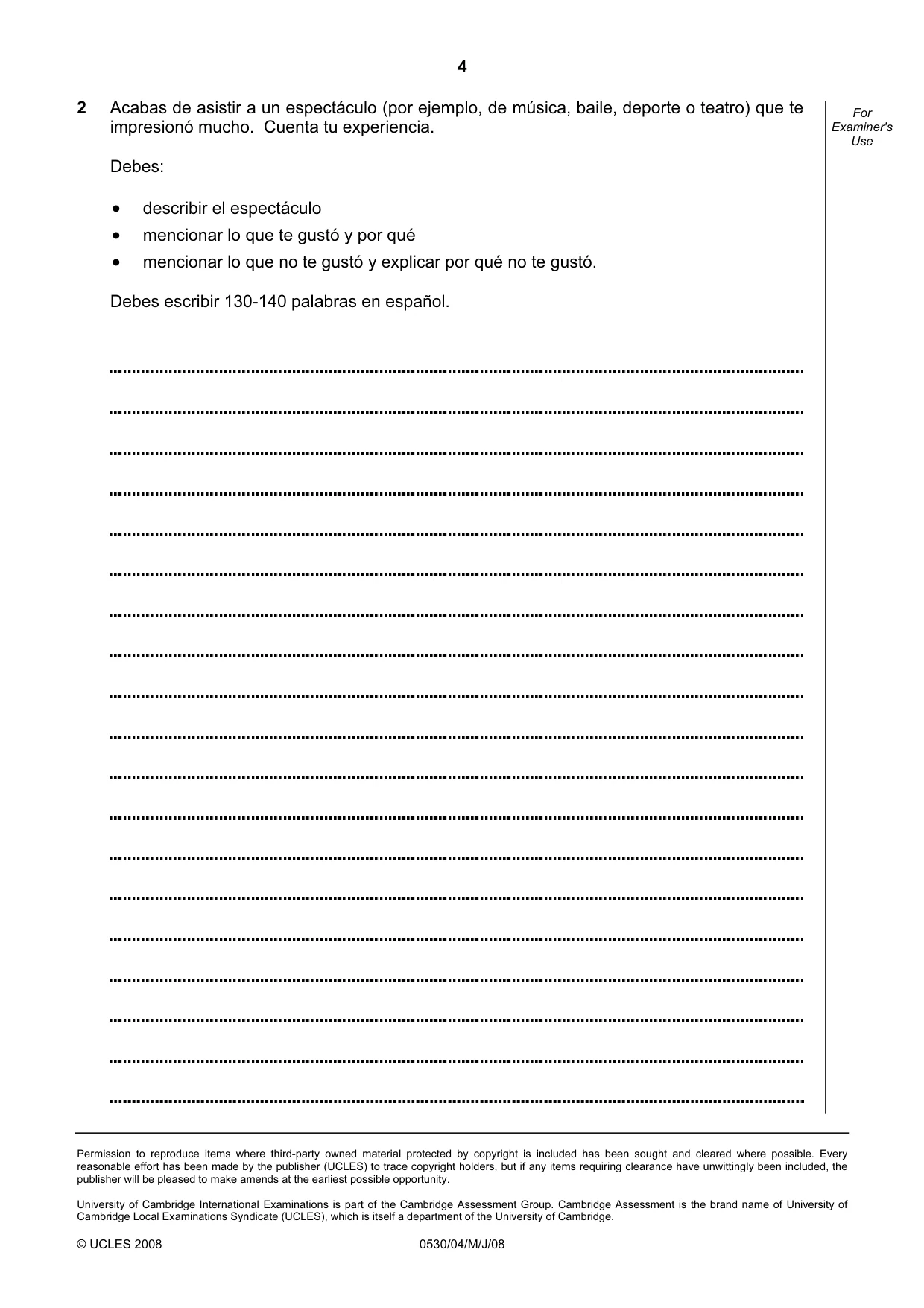 Cambridge IGCSE Spanish - Foreign Language 0530 2008 May/June Paper 4 · Variant 1 question paper, page 4 of 4
