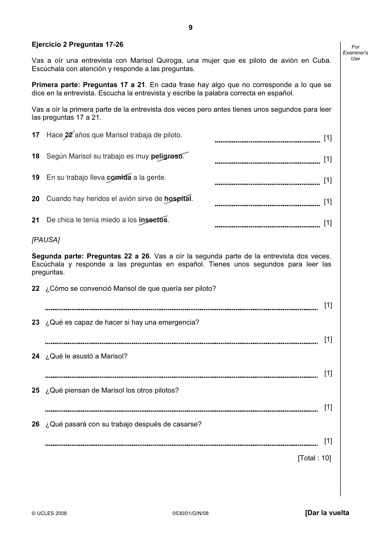 Cambridge IGCSE Spanish - Foreign Language 0530 2008 Oct/Nov Paper 1 · Variant 0 question paper, page 9 of 12