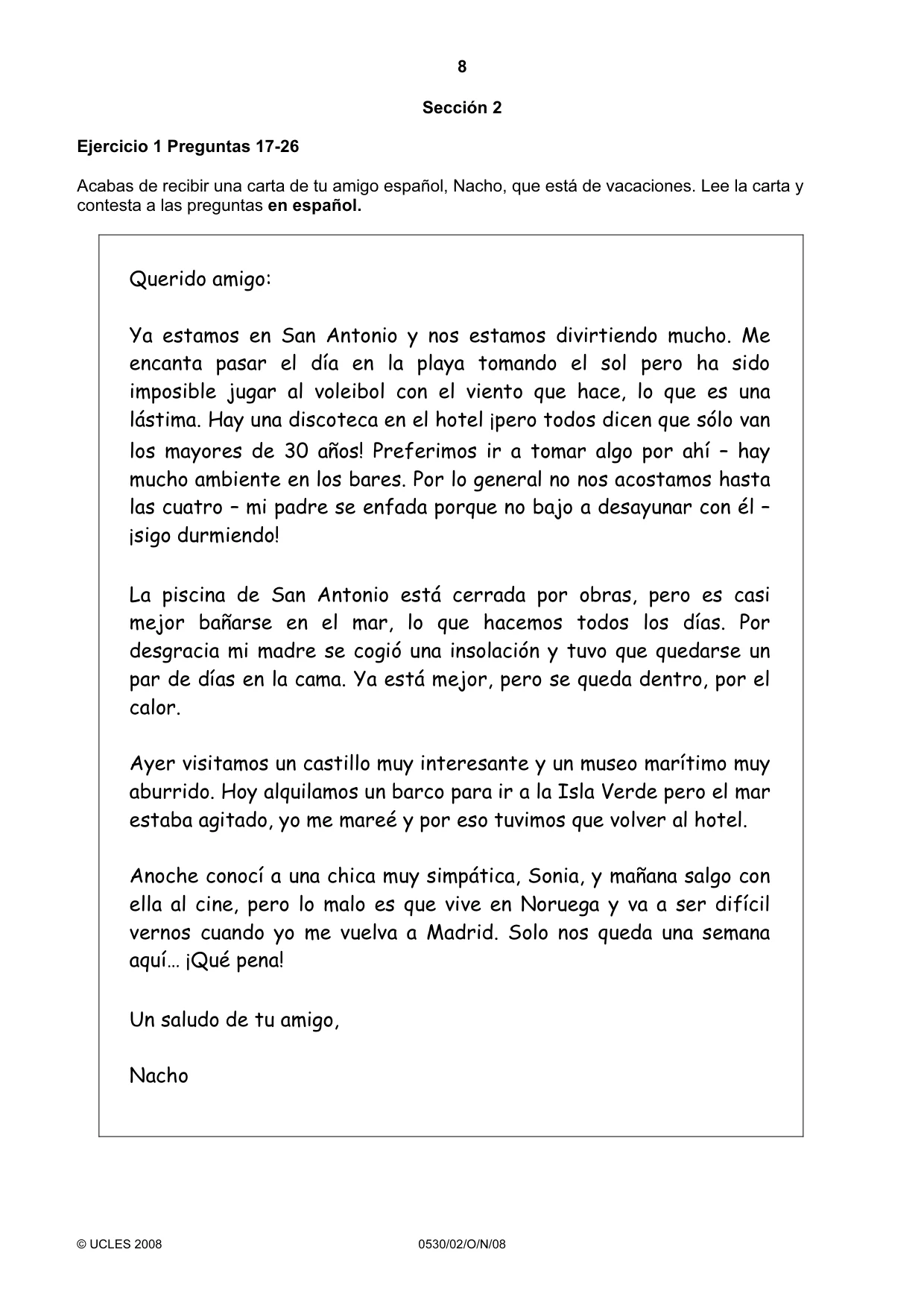 Cambridge IGCSE Spanish - Foreign Language 0530 2008 Oct/Nov Paper 2 · Variant 1 question paper, page 8 of 16